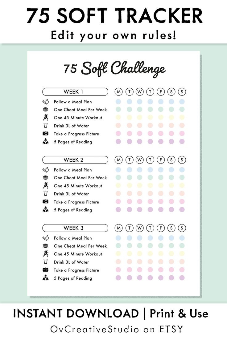 75 Soft Challenge Rules Pdf, 75 Soft Tracker, 75 Soft Meal Plan in 75 Day Soft Challenge Tracker Free Printable Free