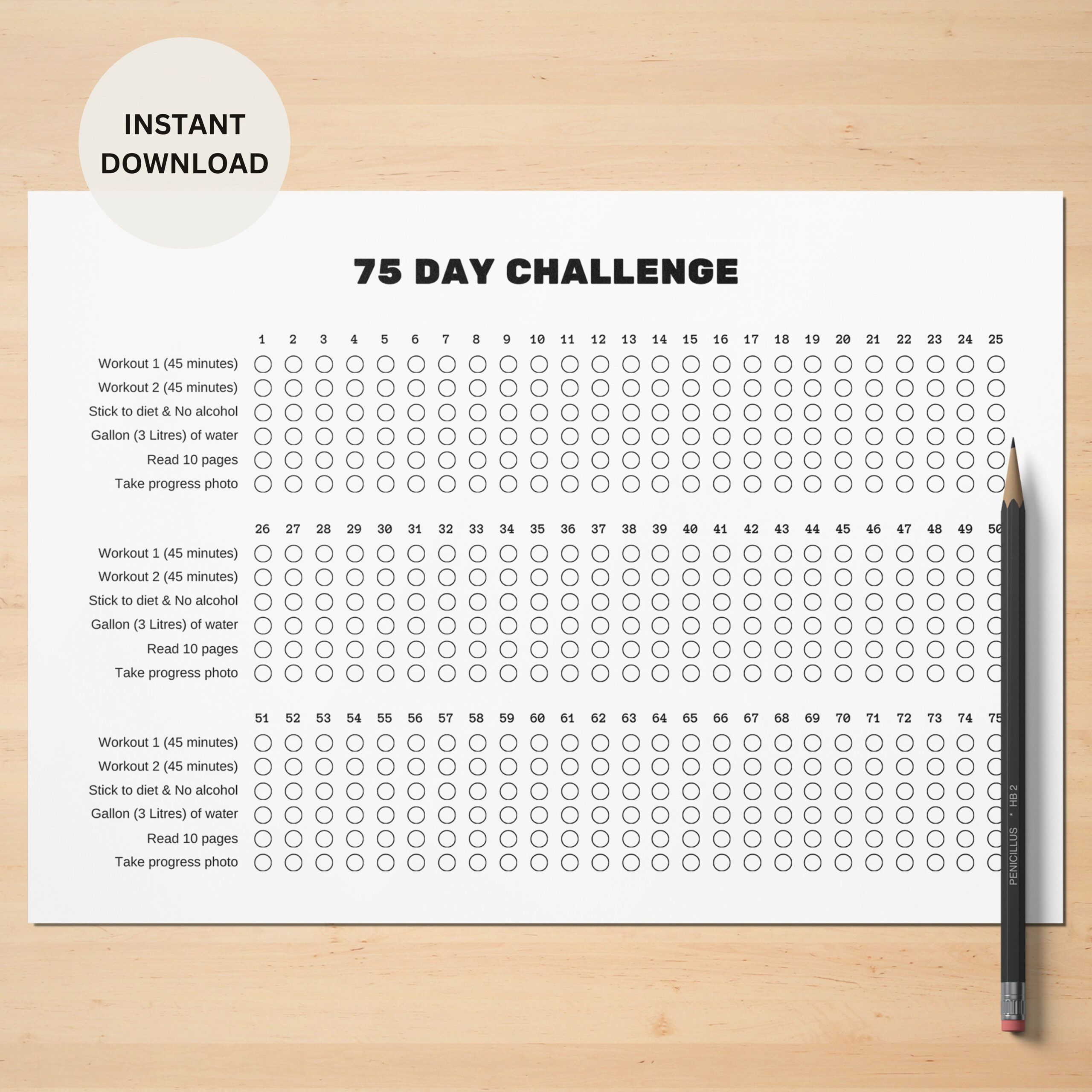 75 Tage Challenge Tracker Printable | Querformat A4 &amp;amp; Us Letter with 75 Day Challenge Tracker Printable