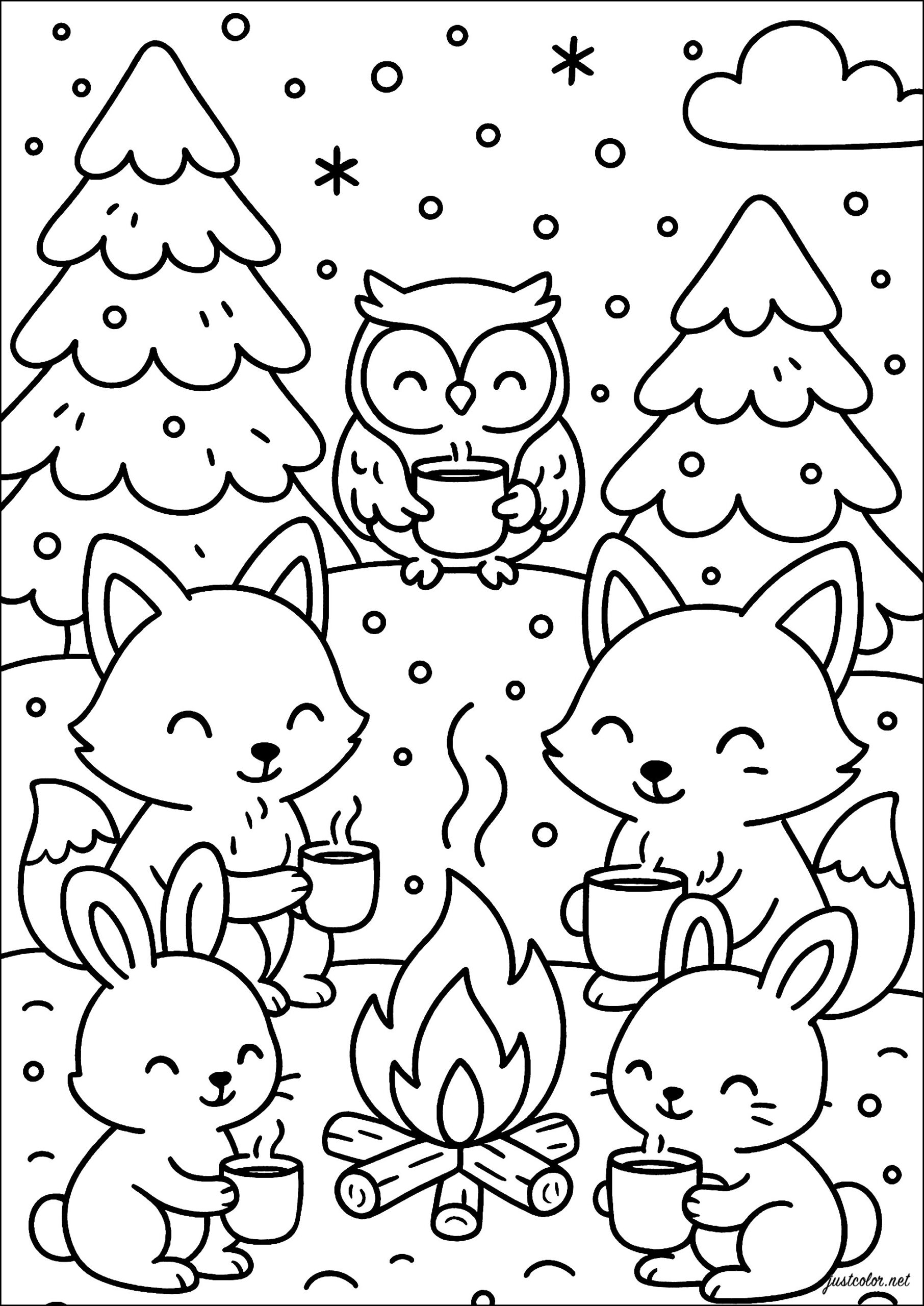 A Warm Gathering Of Happy Animals - Winter Coloring Pages within Free Printable Winter Animal Coloring Pages