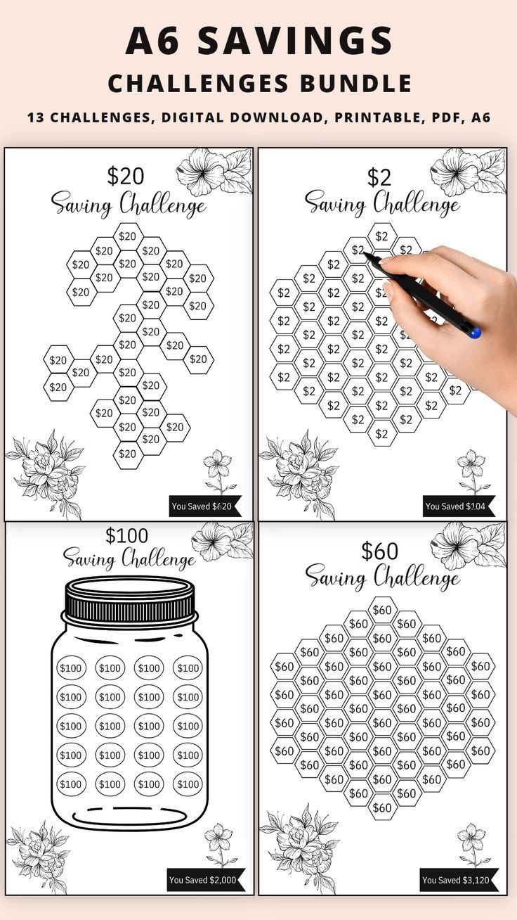 A6 Savings Challenge Printable Bundle, Money Savings Tracker| Cash in Free Printable Savings Tracker Printable A6 Savings Challenge Free