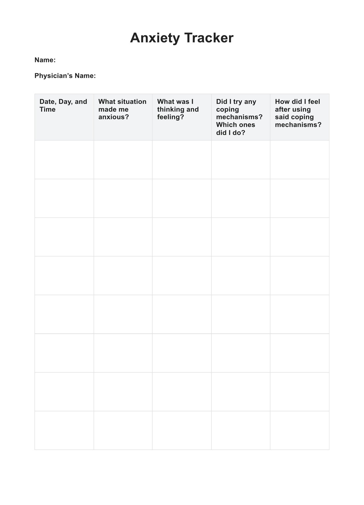 Anxiety Tracker in Free Anxiety Tracker Printable