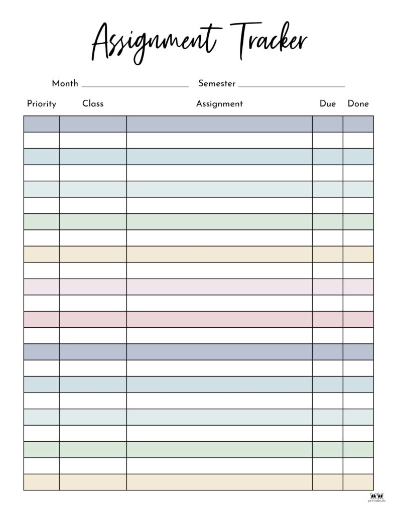 Assignment Trackers - 12 Free Printables | Printabulls for Free Printable Homework Tracker