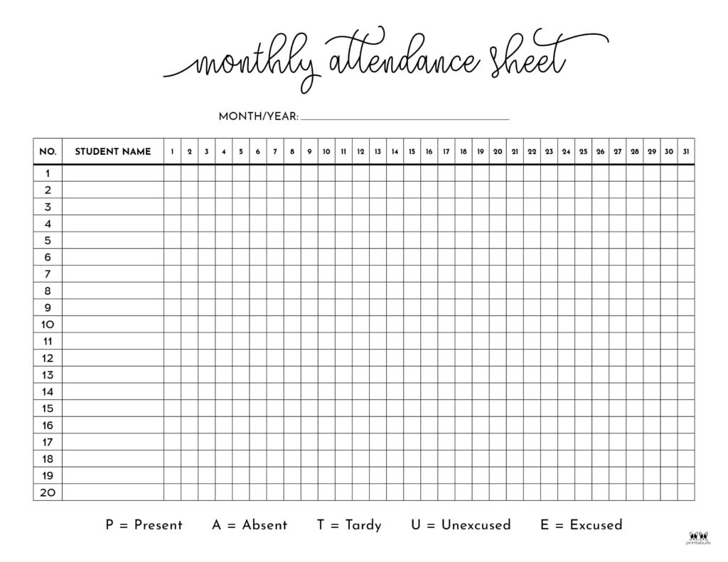 Attendance Sheets - 52 Free Printables | Printabulls for Free Printable Attendance Tracker