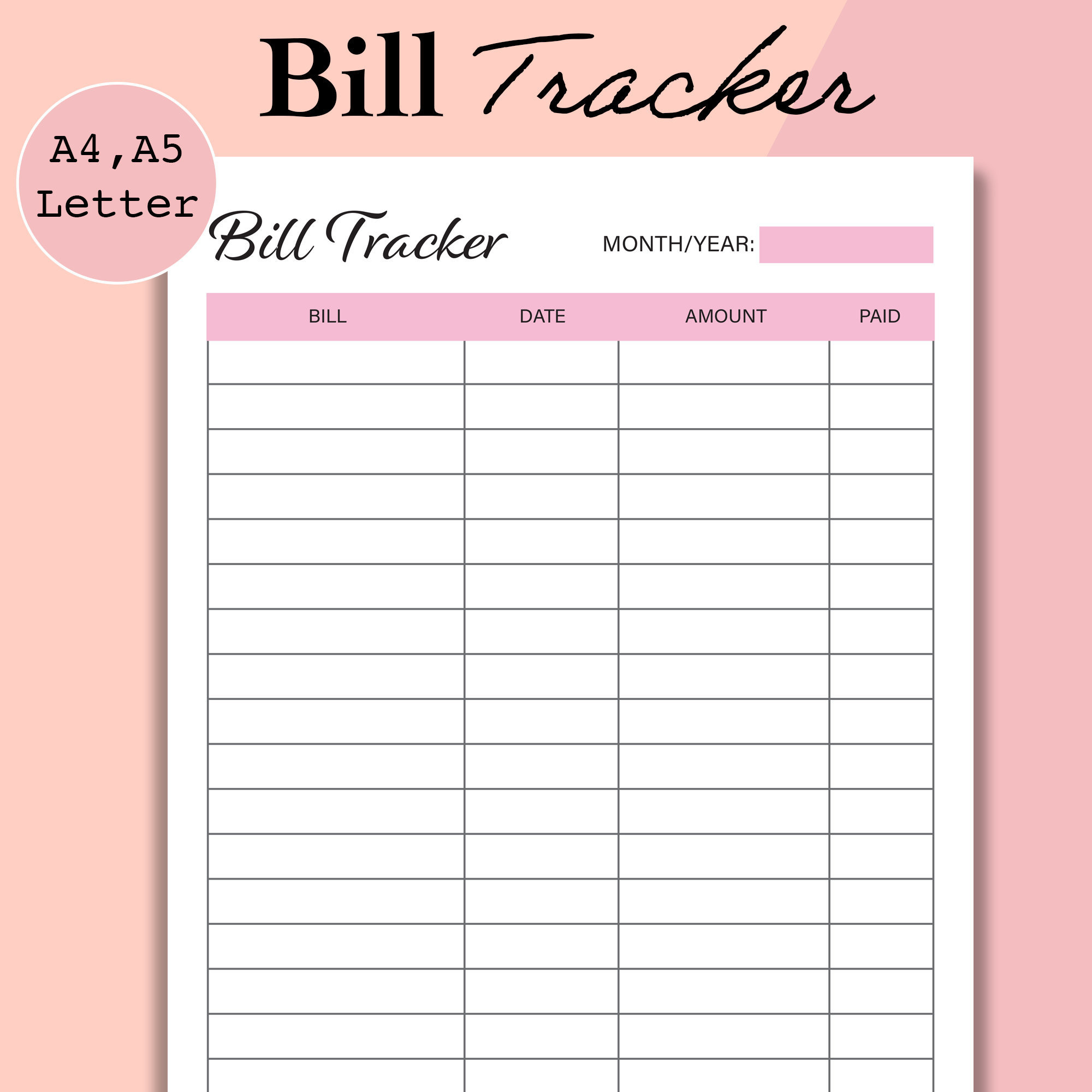 Bill Tracker Printable, Monatlicher Rechnungsorganizer - A4, A5 with regard to Monthly Bill Tracker Printable
