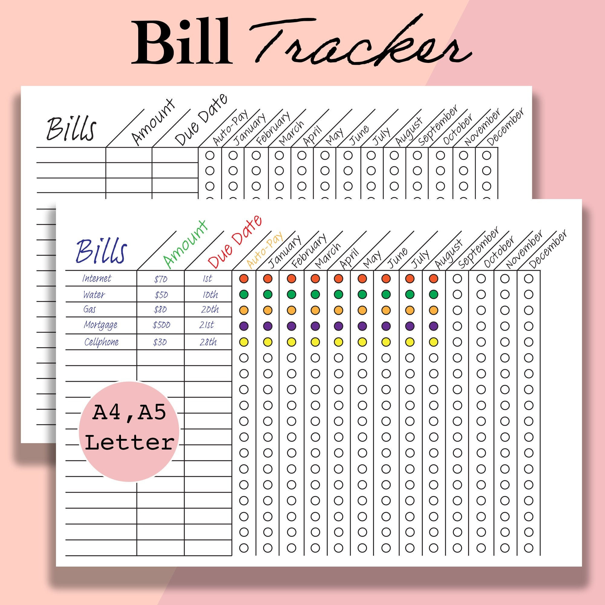 Bill Tracker Printable, Monthly/Yearly Bill Organizer - A4, A5 throughout Yearly Bill Tracker Printable
