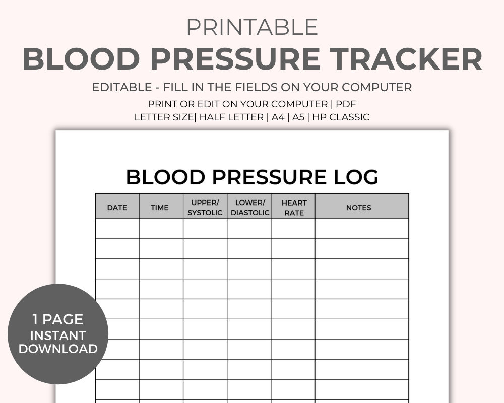 Blood Pressure Chart Printable - Instant Download, Medical Tracker inside Blood Pressure Tracking Sheet Printable