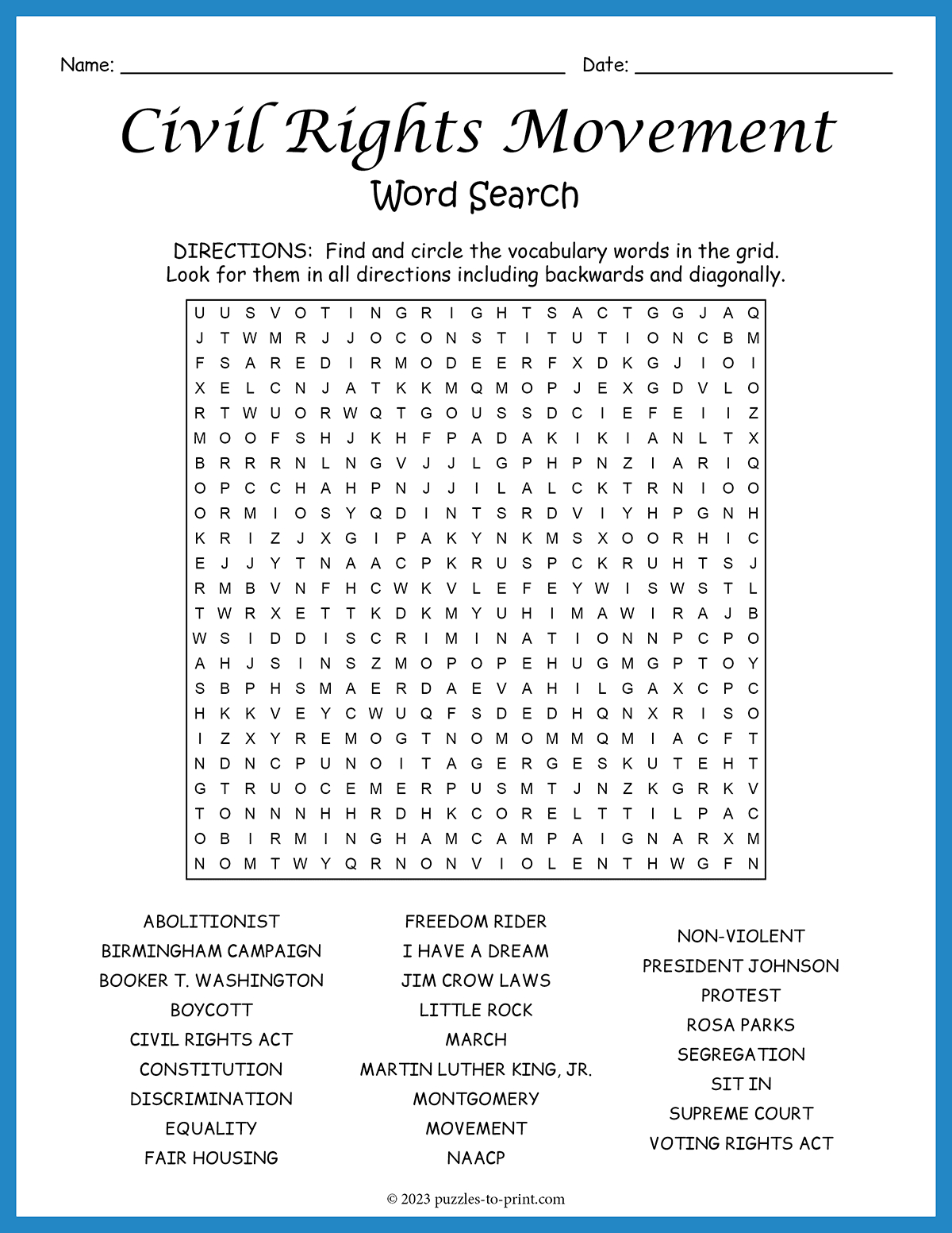 Civil Rights Movement Word Search with regard to Civil Rights Day Worksheet Printable