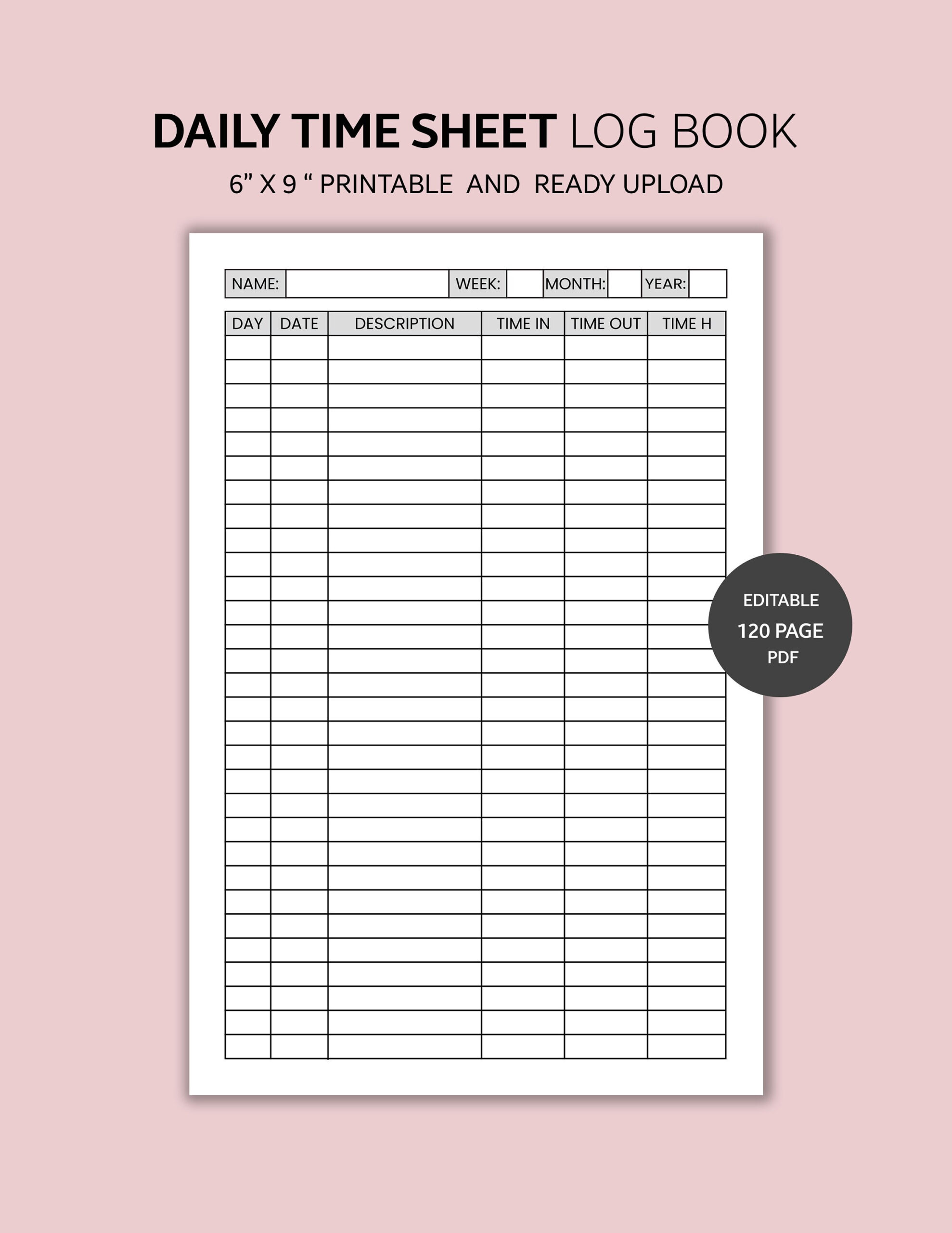 Daily Time Log Note, Daily Time Log Sheet, Daily Planner Printable in Daily Time Tracker Printable
