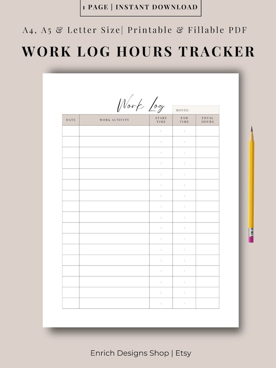 Daily Work Log Hours Tracker Printable, Work Log Template, Time for Printable Work Hour Tracker