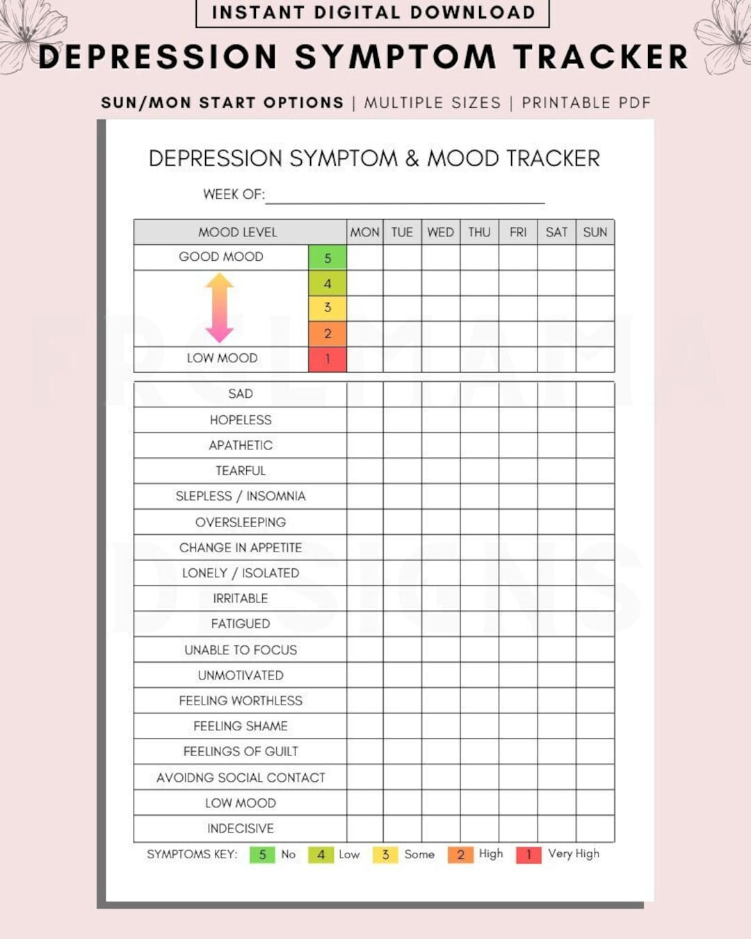Depression Symptom &amp;amp; Mood Tracker, Depression Tracker, Mood intended for Mental Health Symptom Tracker Printable