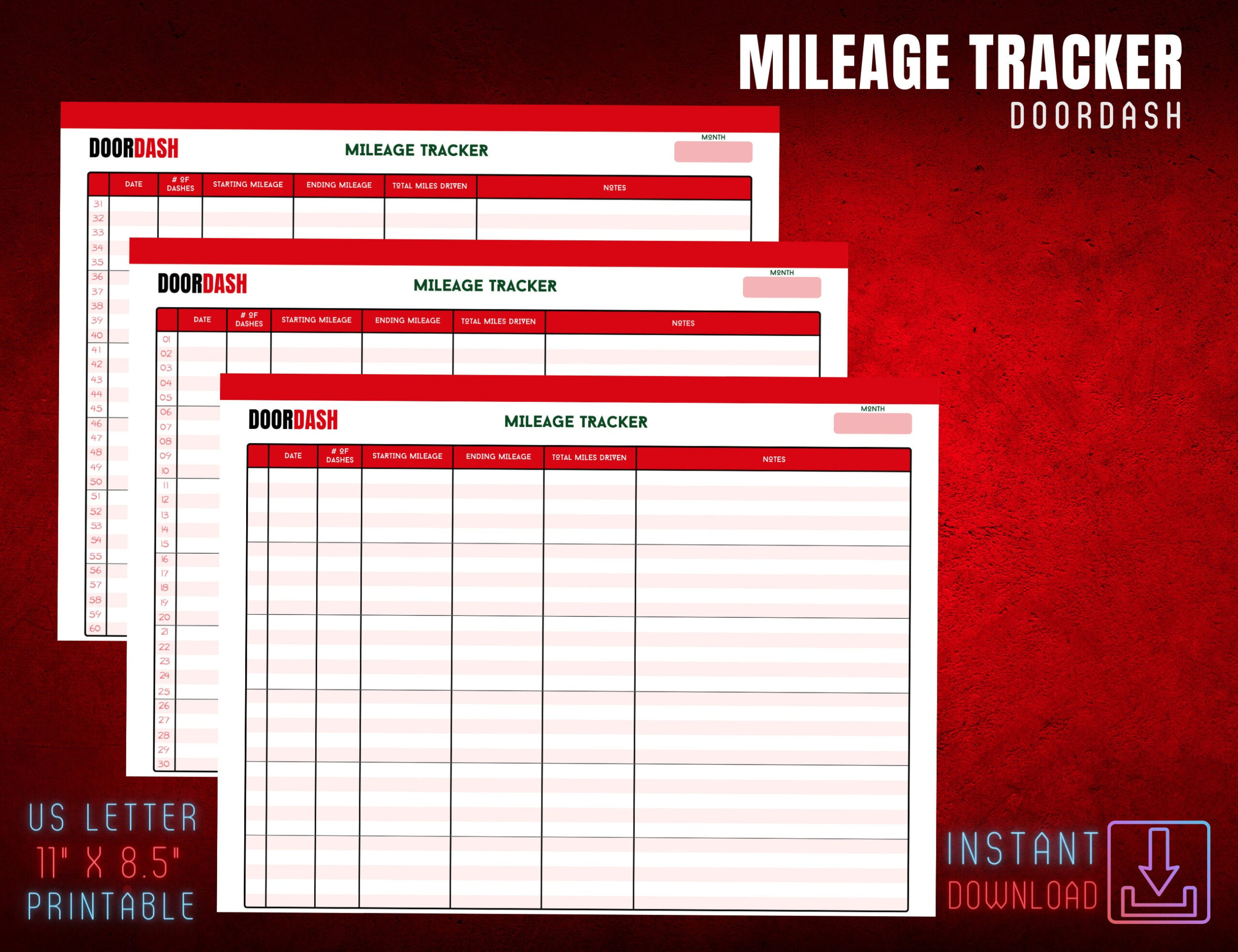 Doordash Mileage Tracker, Mileage Log, Digital Prints, Printable regarding Doordash Mileage Tracker Printable