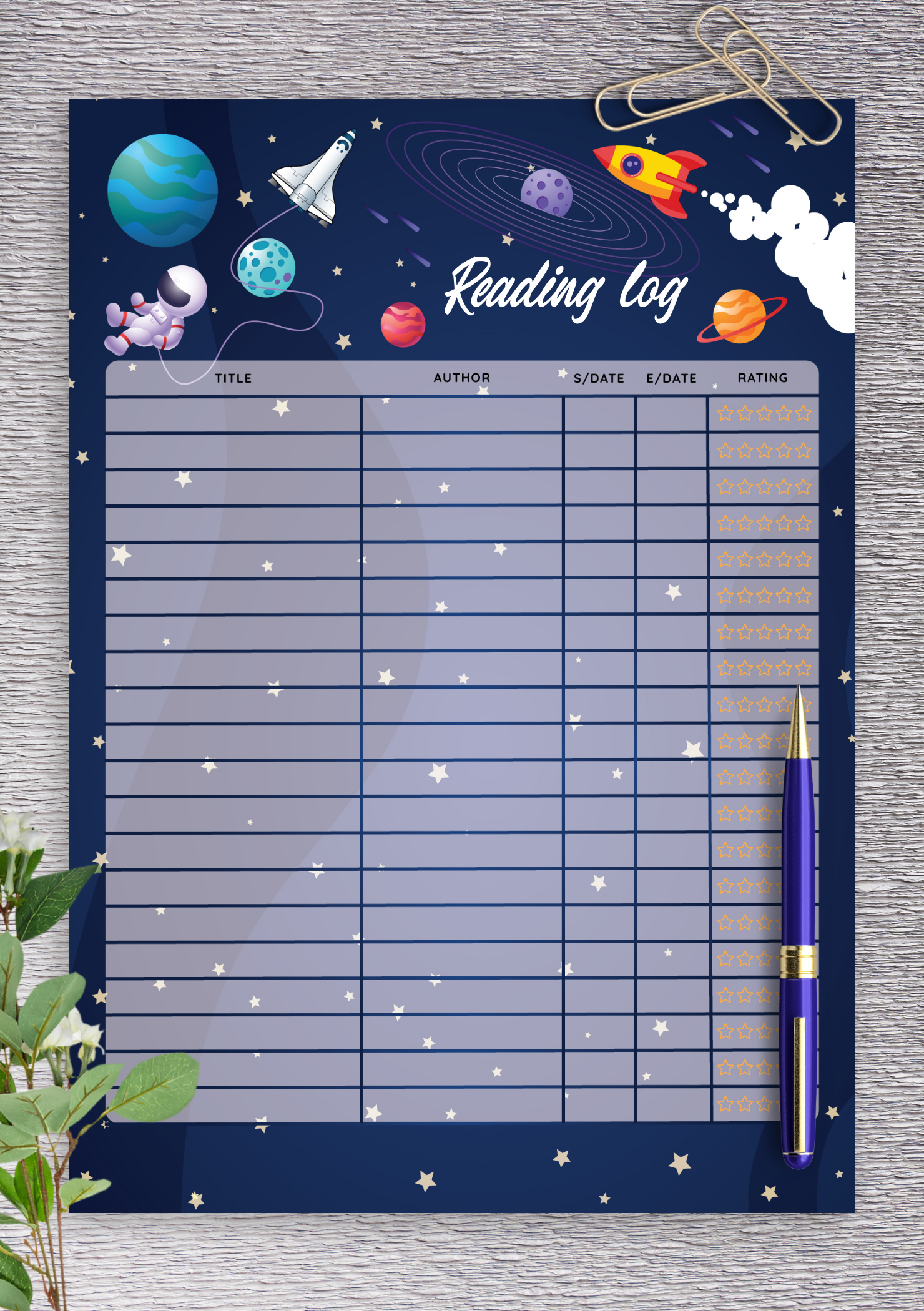 Download Printable Space Reading Log Template For Kids Pdf regarding Reading Logs For Kids Printable