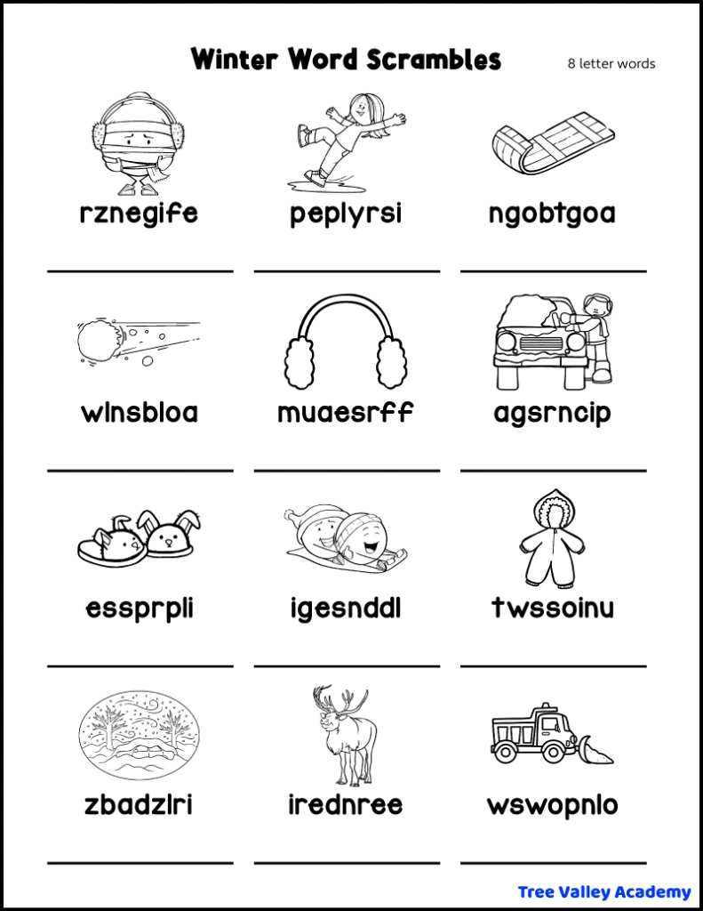Easy Winter Word Scrambles - Tree Valley Academy in Winter Word Scramble Printable
