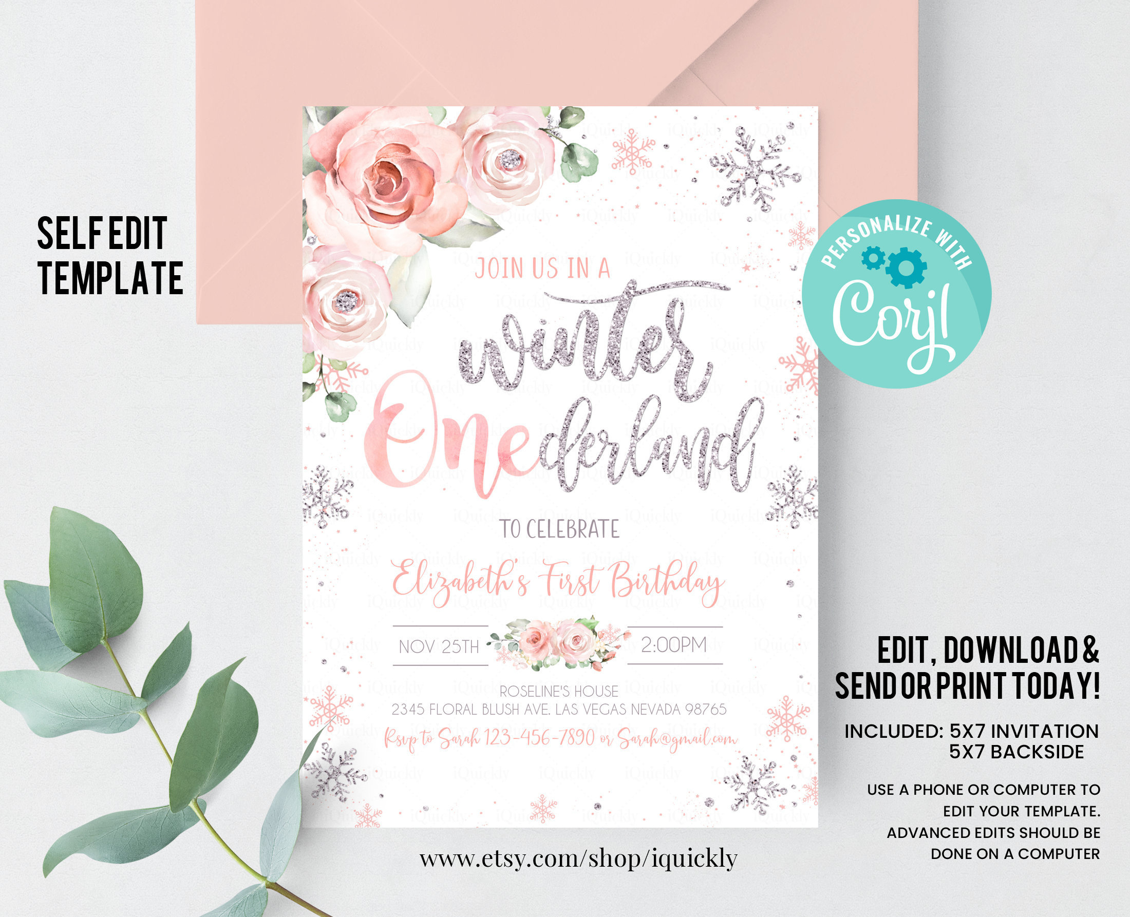 Editable Winter Onederland Birthday Invitation Pink And Silver inside Printable Winter Onederland Invitations
