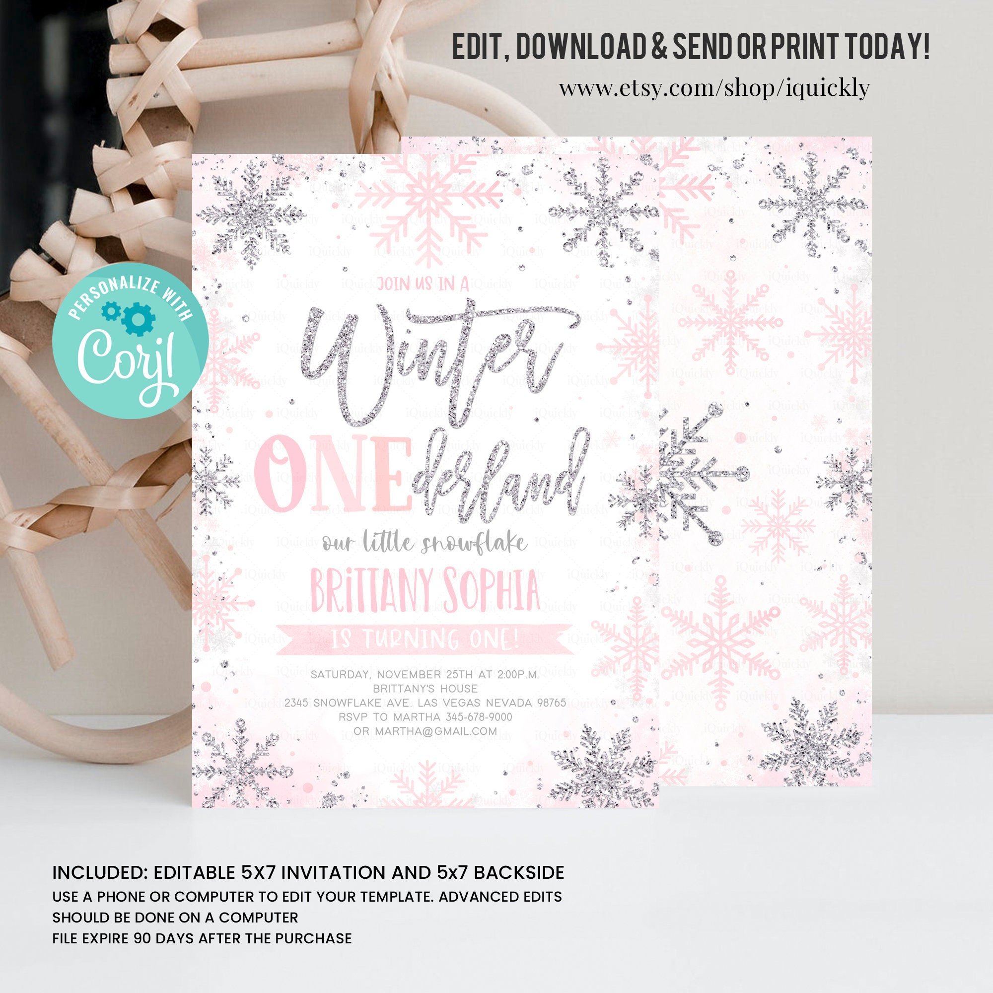 Editable Winter Onederland Invitation, Girl Snowflake First regarding Printable Winter Onederland Invitations