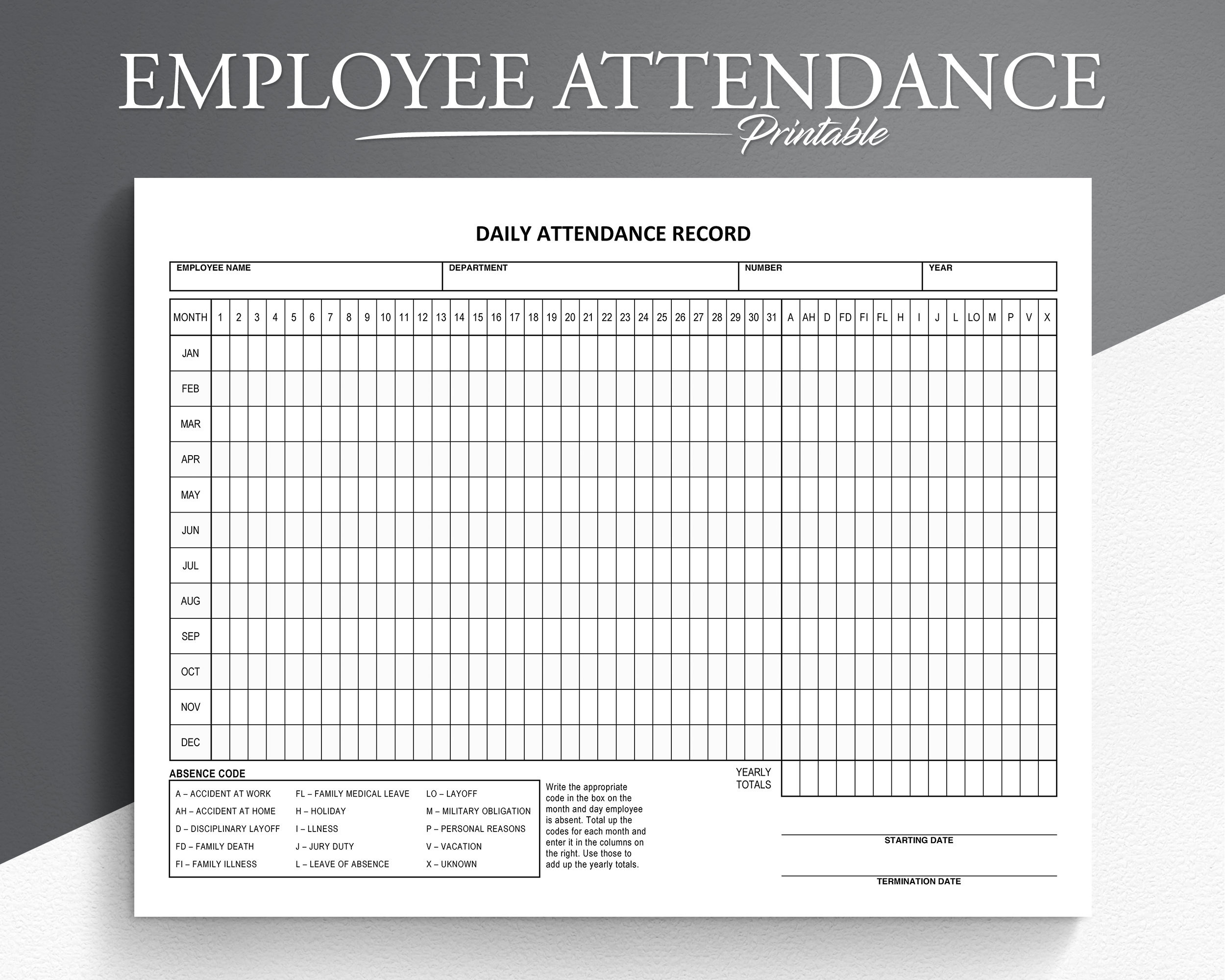 Employee Attendance Tracker: Printable Absence Log (Pdf) - Etsy for Printable Employee Attendance Tracker