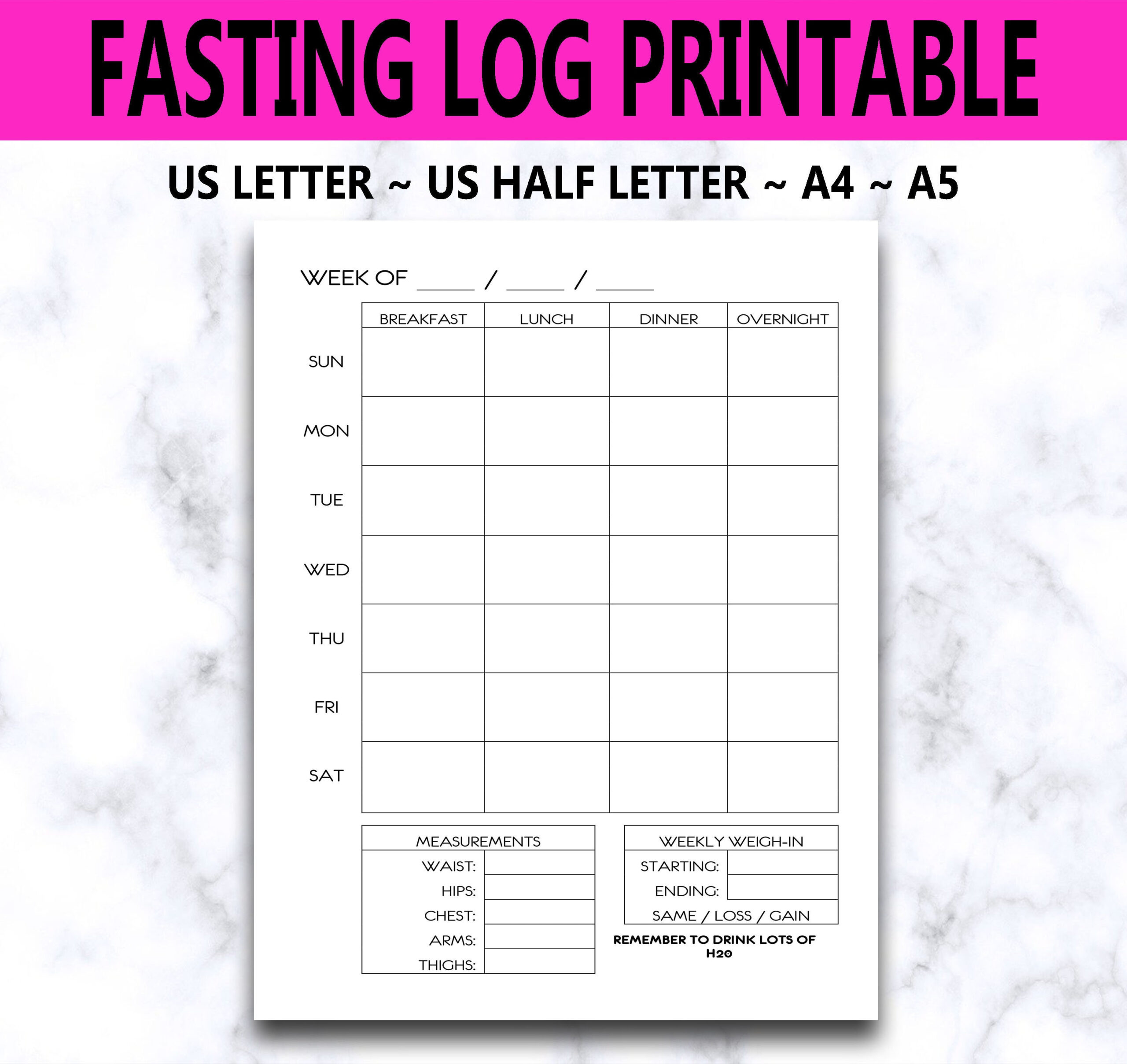 Fasting Log Printable, Weekly Intermittent Fasting Tracker, Weight with Printable Intermittent Fasting Tracker