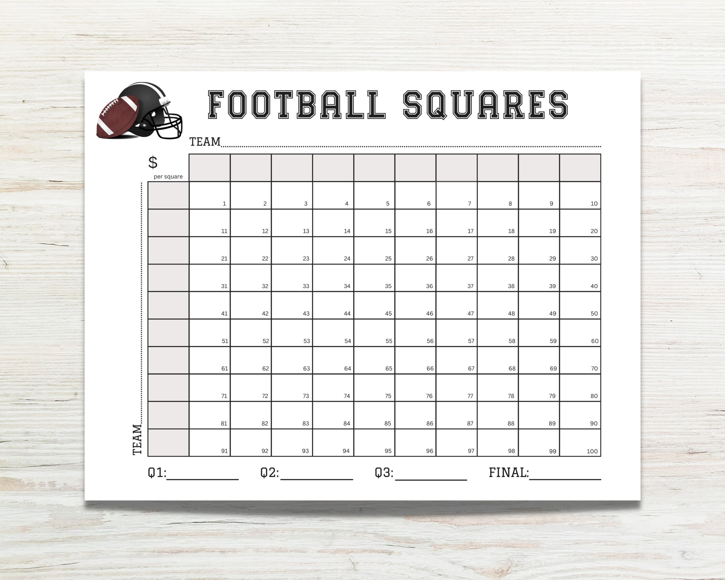 Football Squares Printable, Football Square Fundraiser, 100 Square with Super Bowl Liv Squares Printable