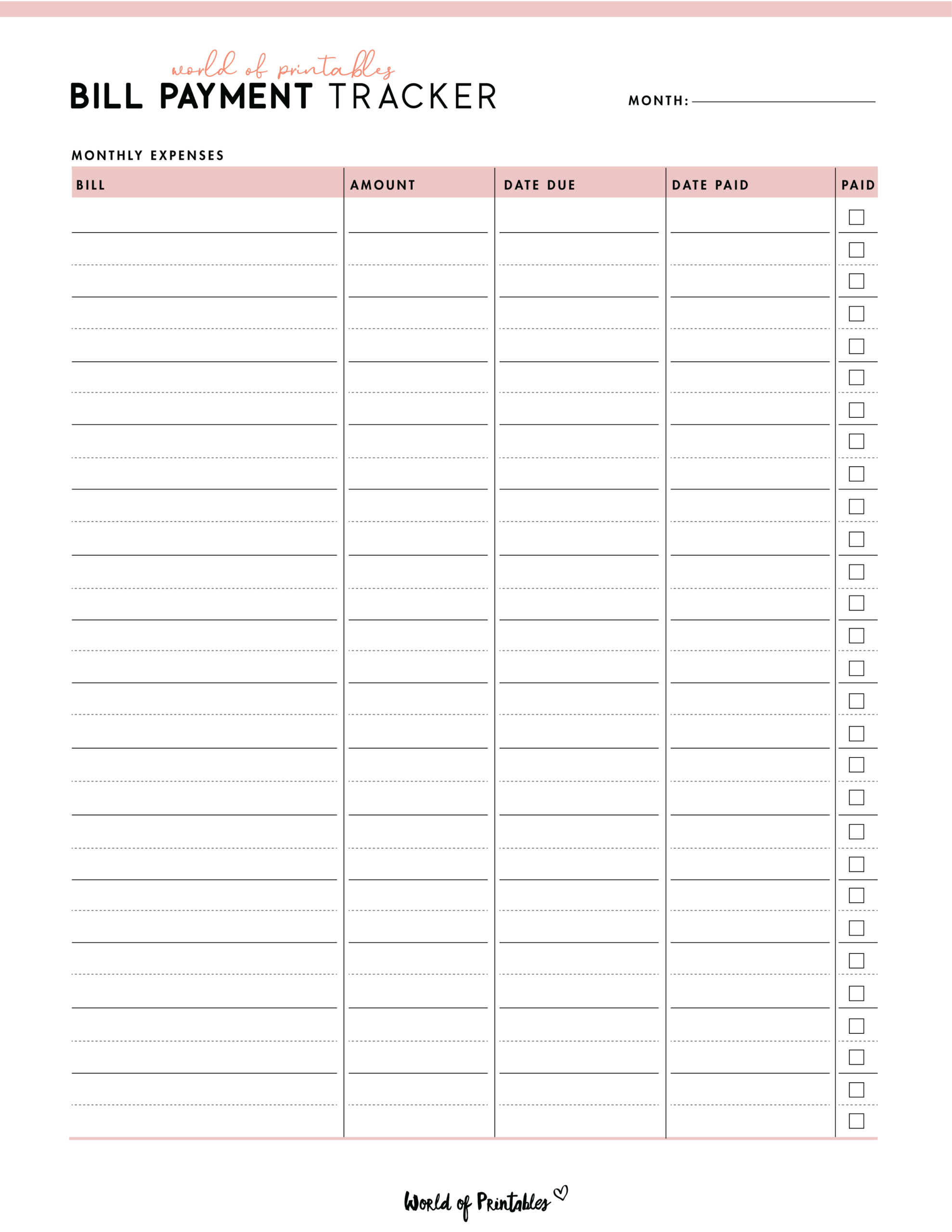Free Printable Bill Tracker Pdf - World Of Printables inside Paycheck Bill Tracker Free Printable