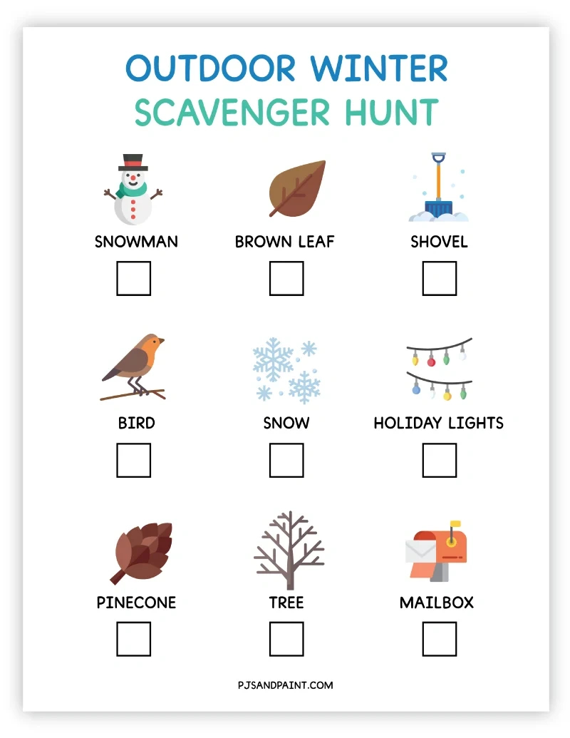 Free Printable Outdoor Winter Scavenger Hunt For Kids - Pjs And Paint inside Printable Outdoor Winter Scavenger Hunt