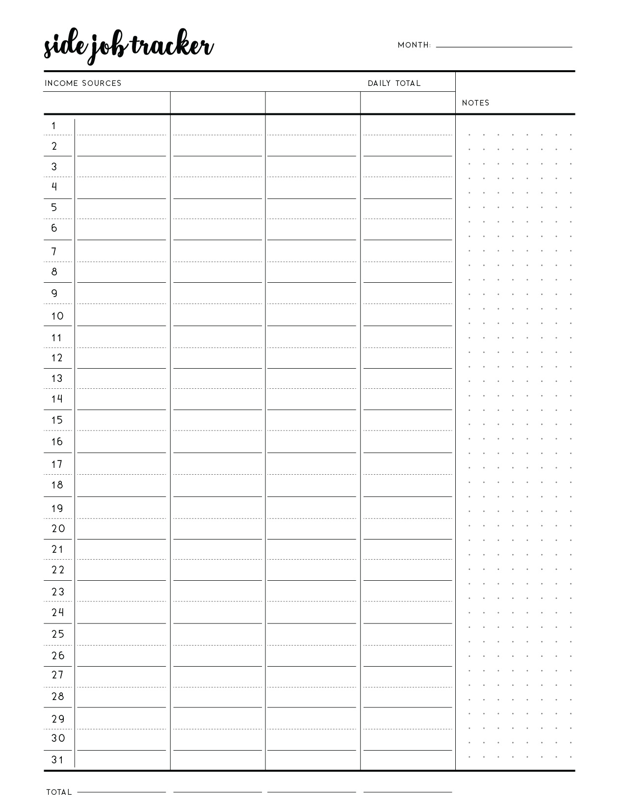 Free Printable Side Hustle Income Tracker Template in Free Printable Tip Tracker