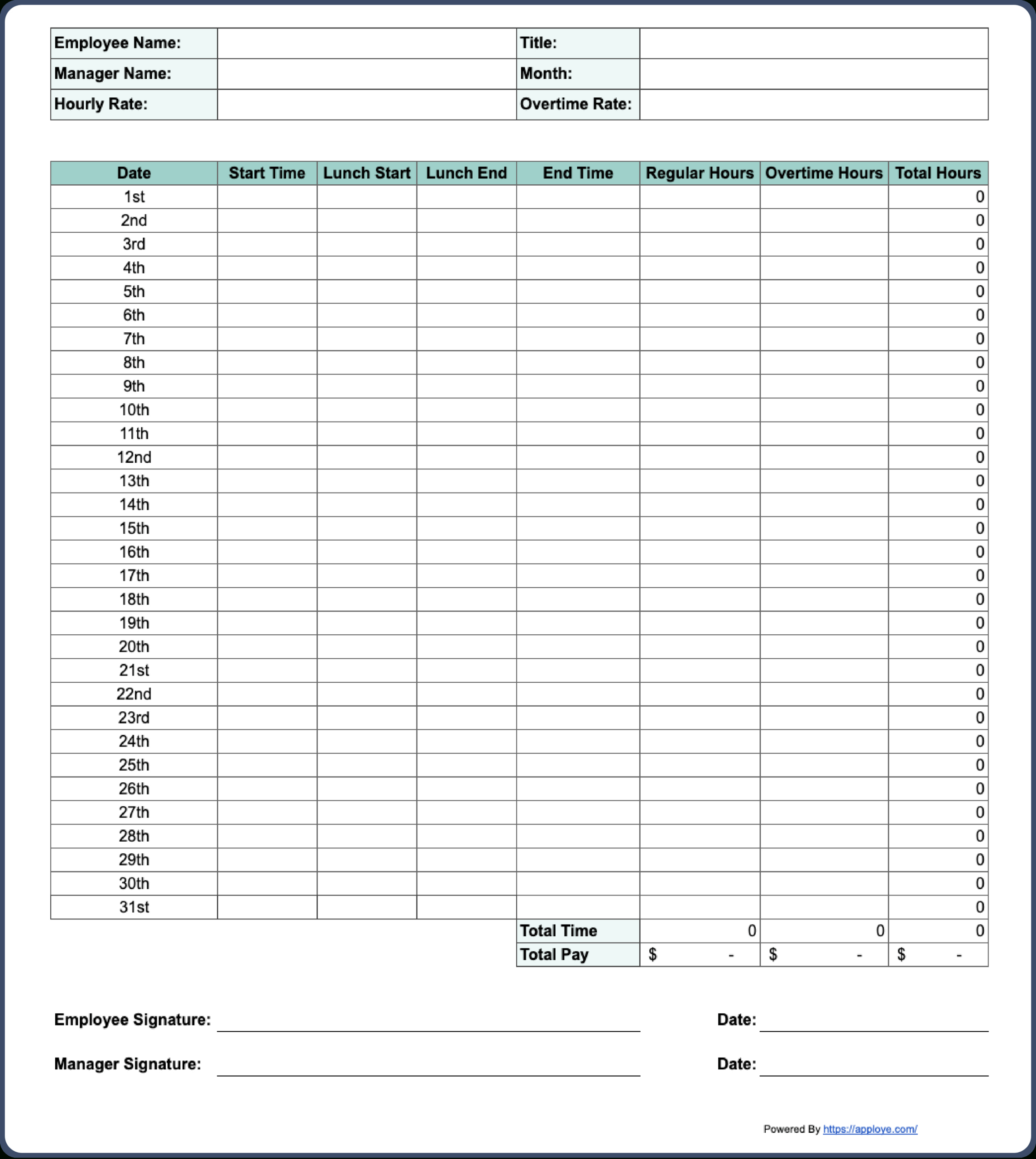 Free Printable Timesheet Templates (Excel, Word, Pdf) with regard to Daily Time Tracker Printable