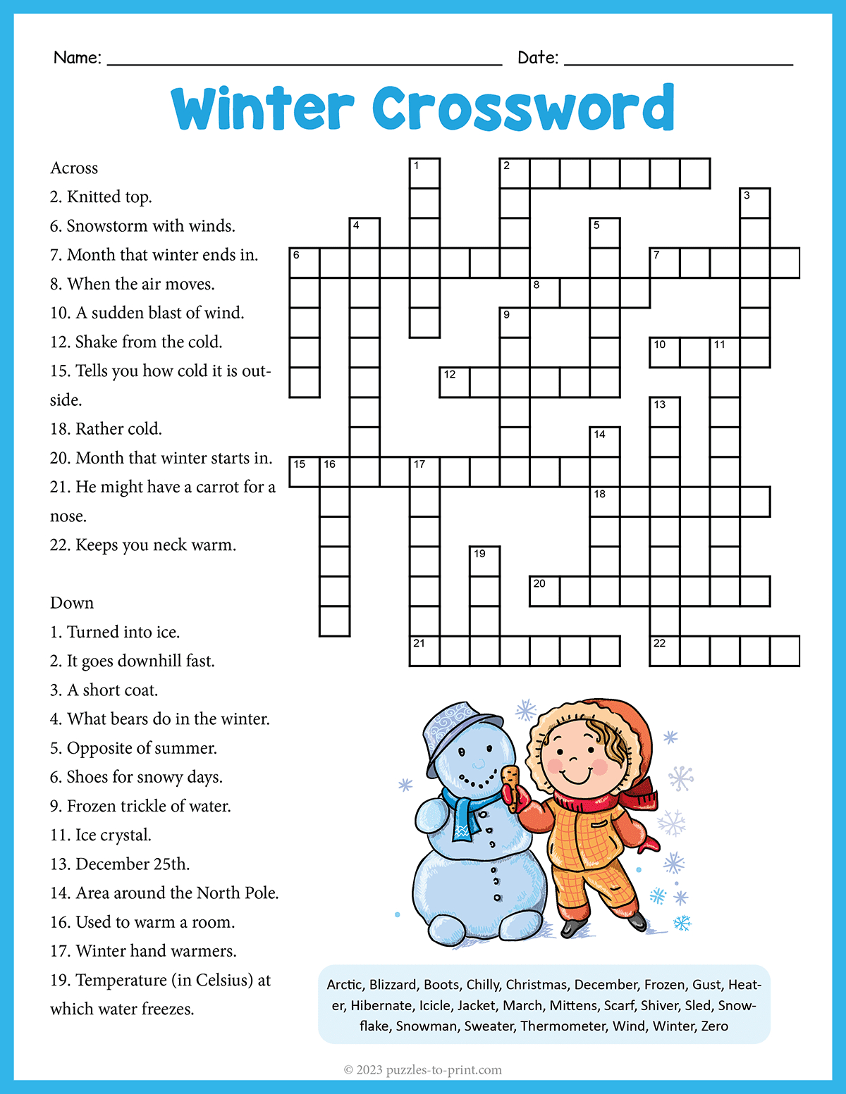 Free Printable Winter Crossword for Free Printable Winter Crossword