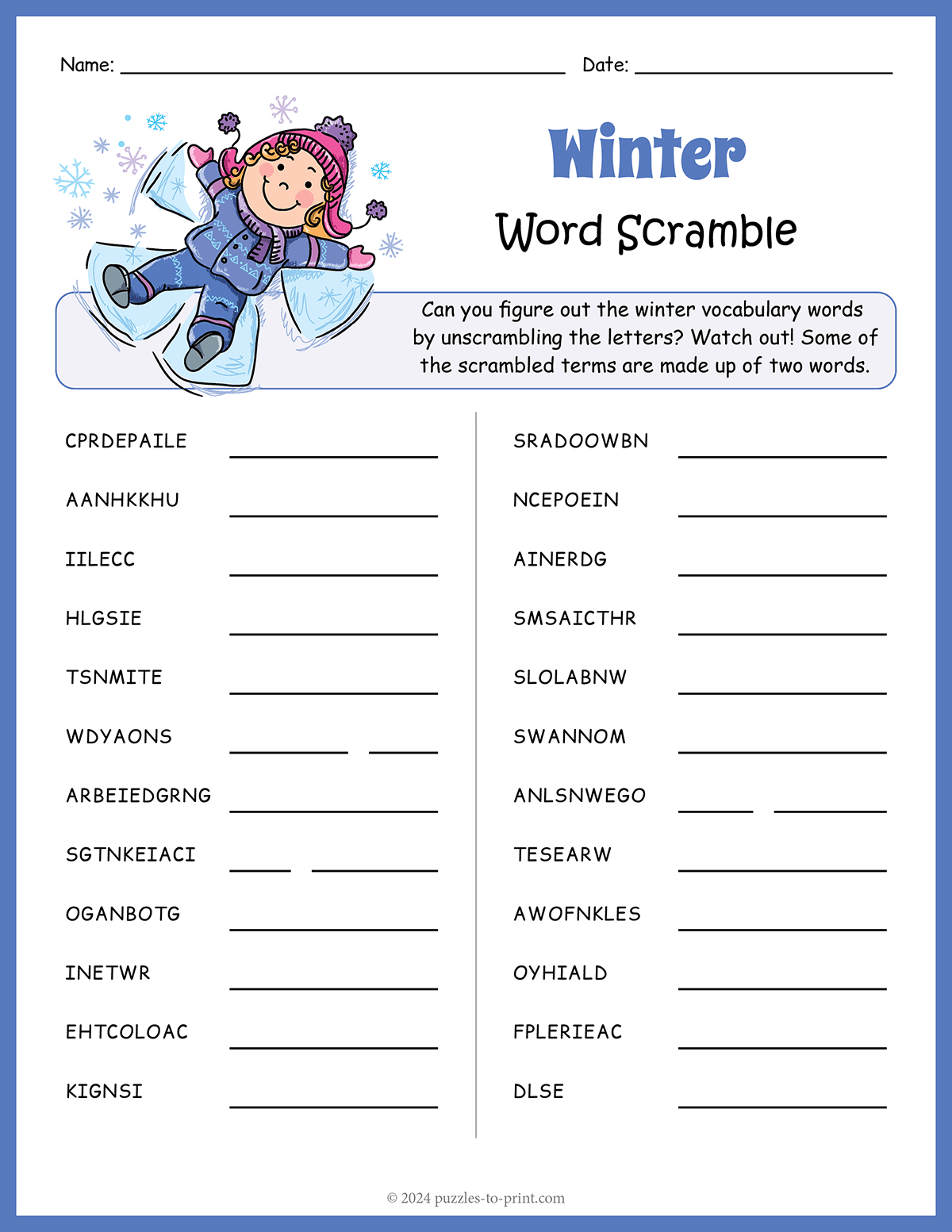 Free Printable Winter Word Scramble throughout January Word Scramble Printable