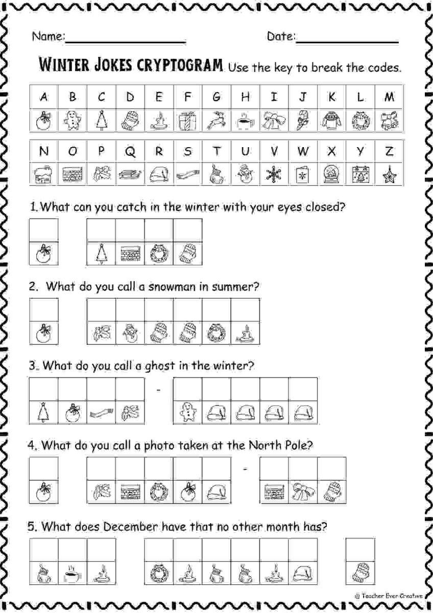 Free Winter Jokes Cryptogram Code Breaker regarding Free Printable Winter Cryptogram
