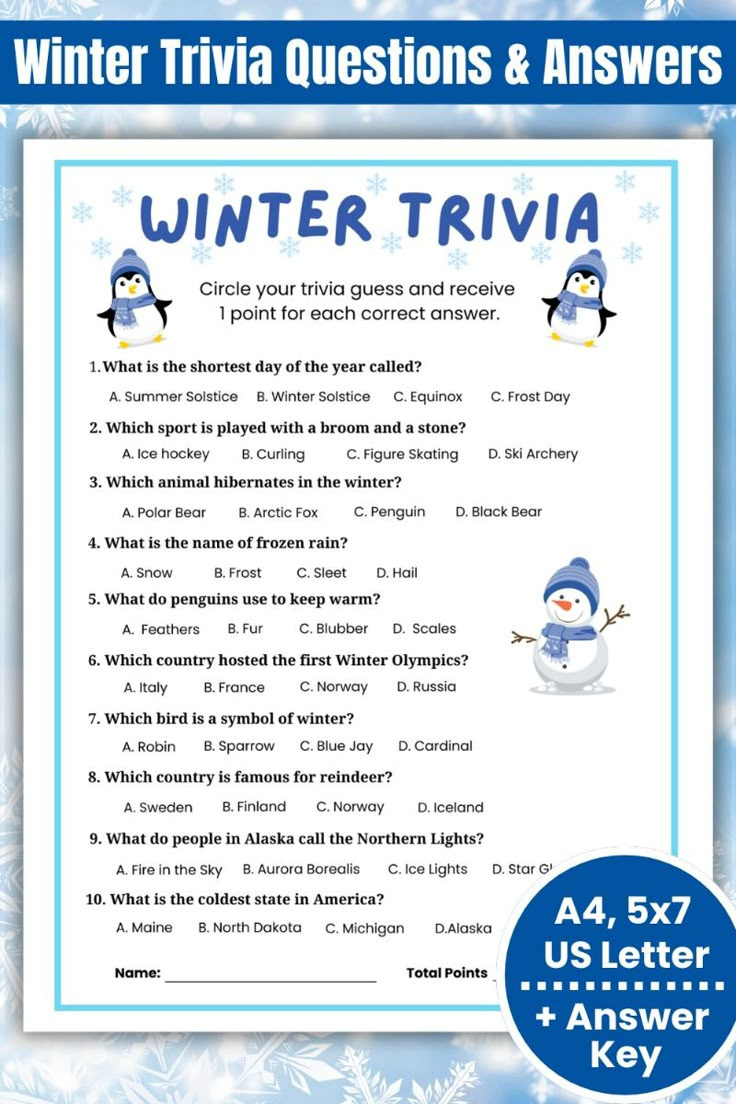 Fun Winter Trivia Questions &amp;amp; Answers Game pertaining to Free Printable Winter Trivia