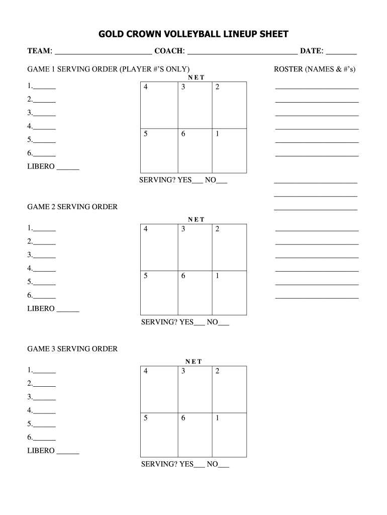 Gold Crown Volleyball Lineup Sheet Form - Fill Online, Printable pertaining to Volleyball Rotation Tracker Printable