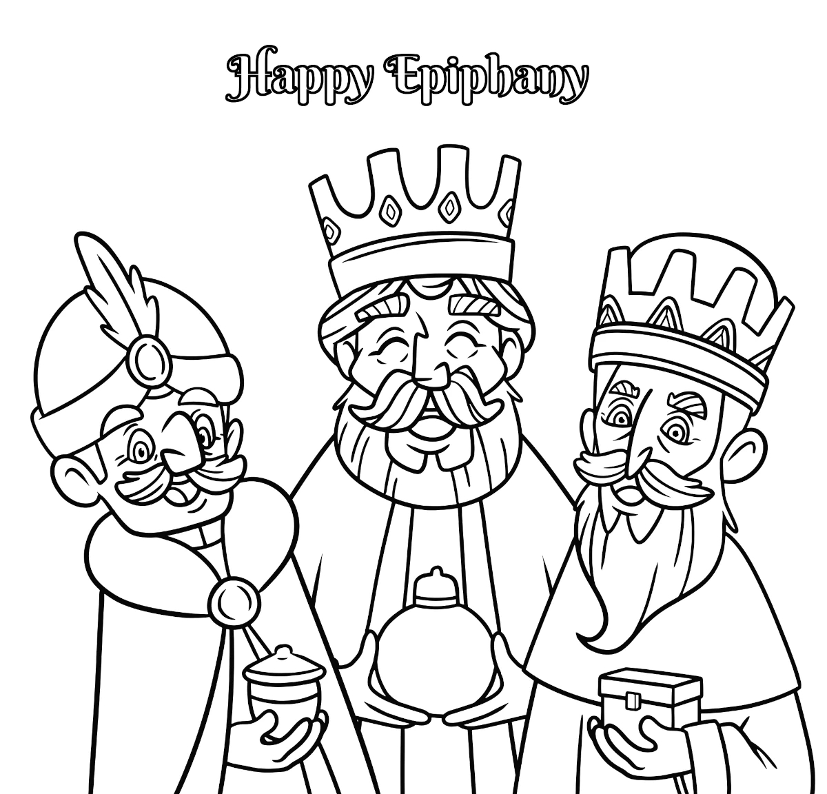 Happy Epiphany - Three Wise Man Standing With Their Gifts Laughing in Printable Epiphany Coloring Pages