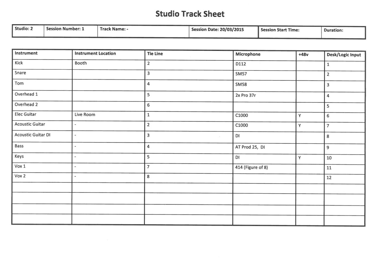 Here Is The Studio Track Sheet Which Shows The Instruments That with regard to Printable Recording Studio Track Sheet