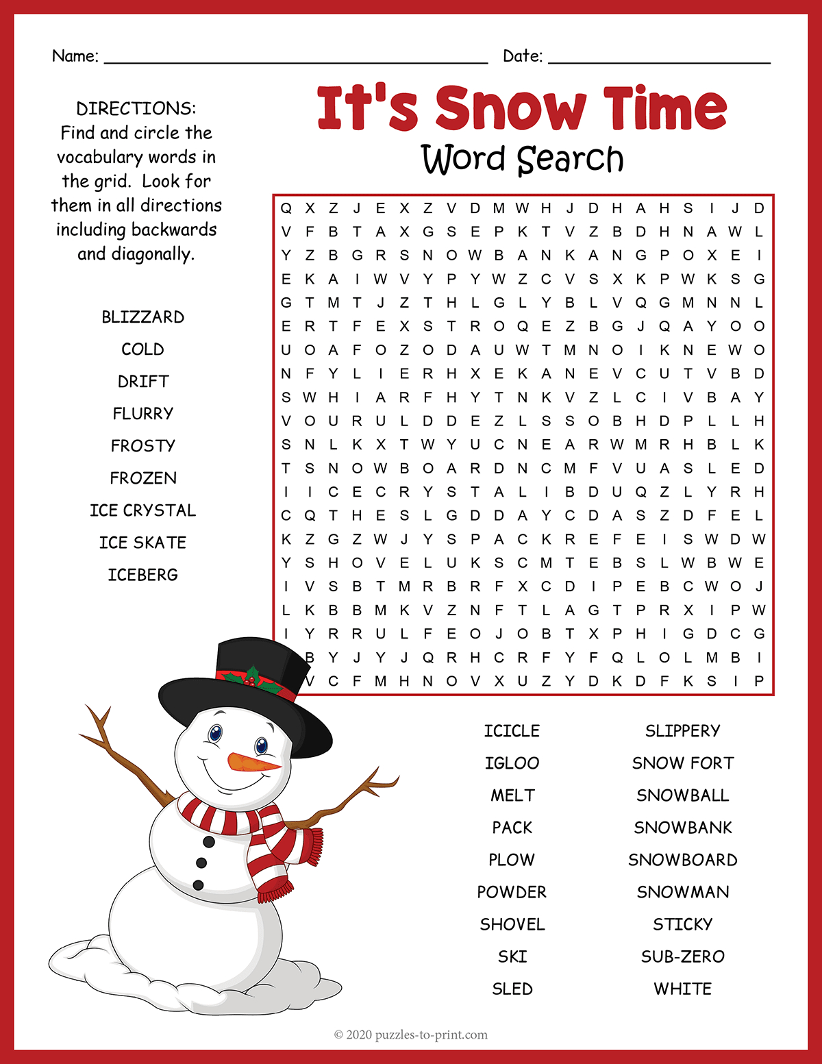 Its Snow Time Word Search intended for Winter Printable Word Search