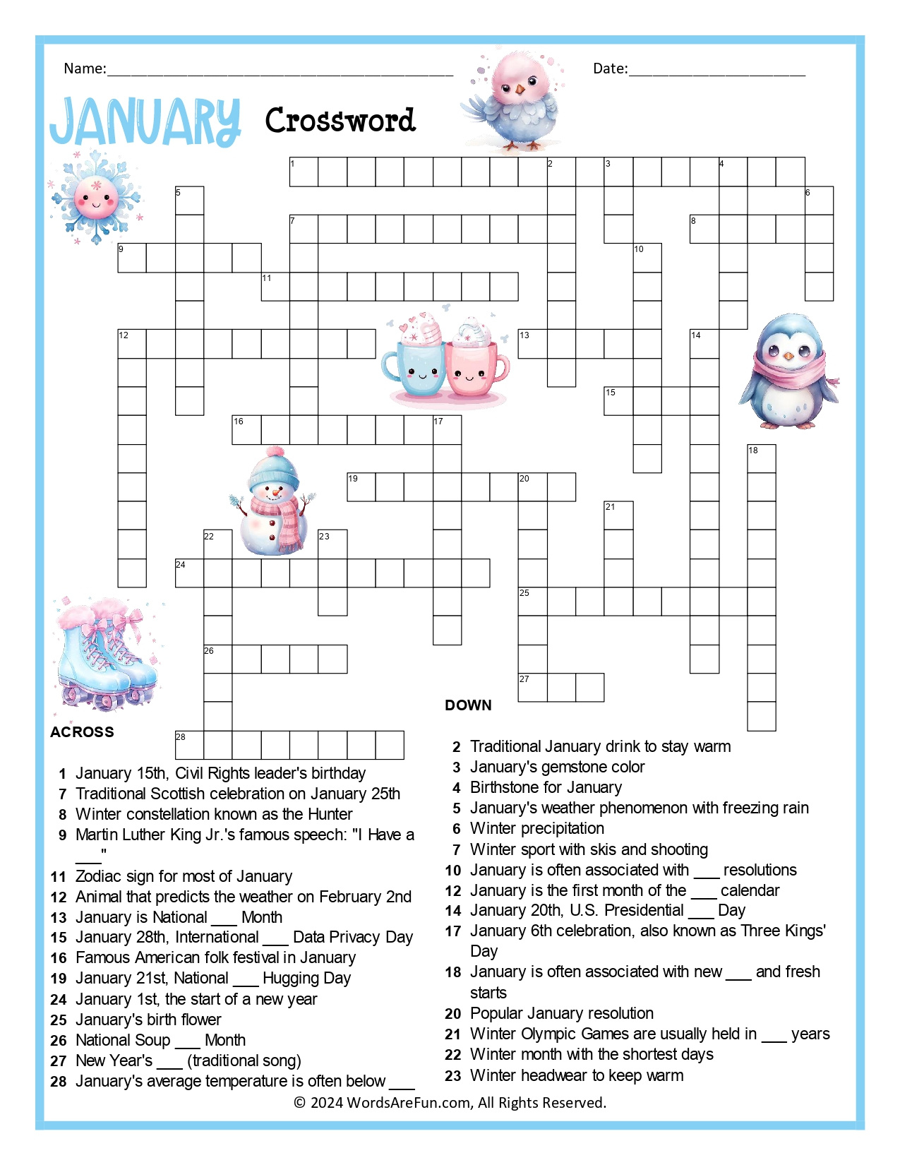 January Crossword Puzzle throughout January Crossword Puzzles Printable