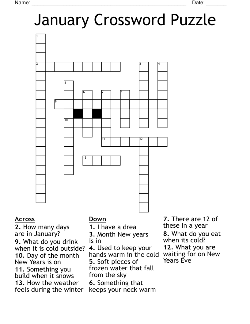 January Crossword Puzzle - Wordmint within January Crossword Puzzles Printable