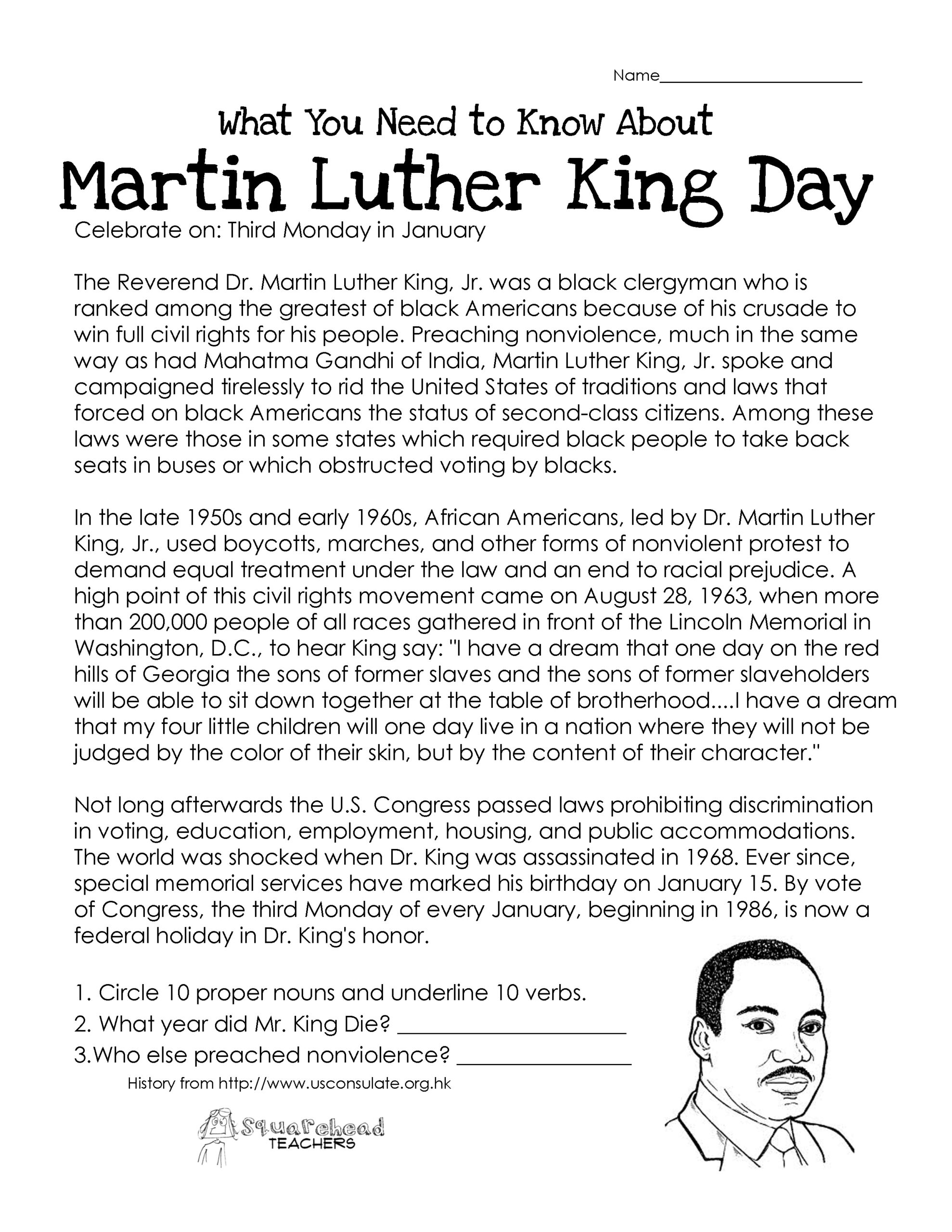 Martin Luther King Day (Free Worksheet) | Squarehead Teachers pertaining to Mlk Day Free Printables
