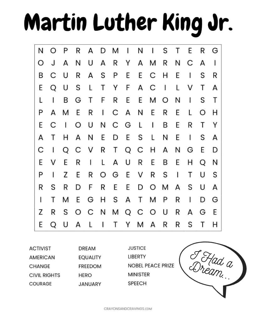 Martin Luther King Jr. Free Printable Word Search Worksheet with Civil Rights Day Worksheet Printable