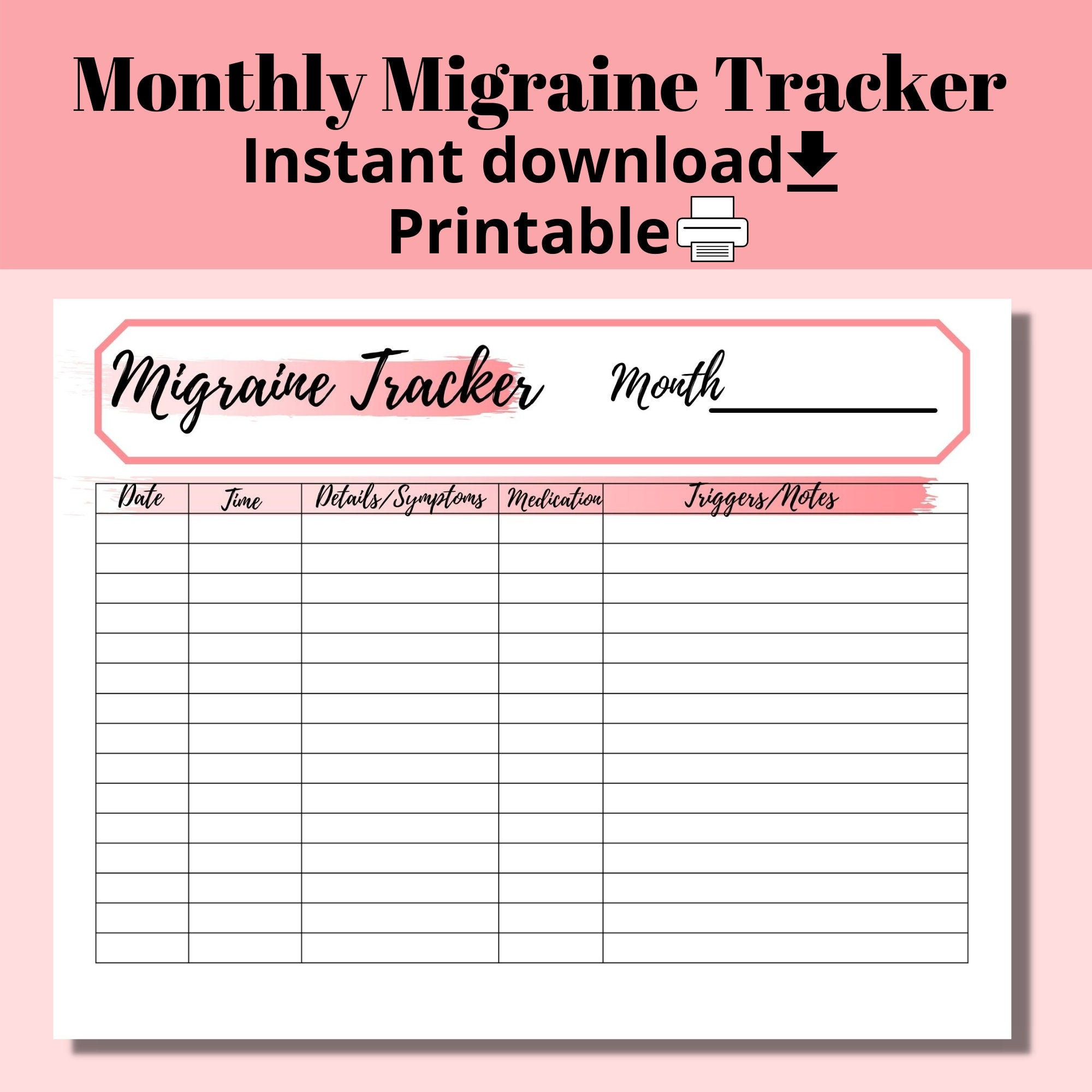 Migraine + Headache Tracker Journal, Printable Headache Log intended for Monthly Migraine Tracker Printable