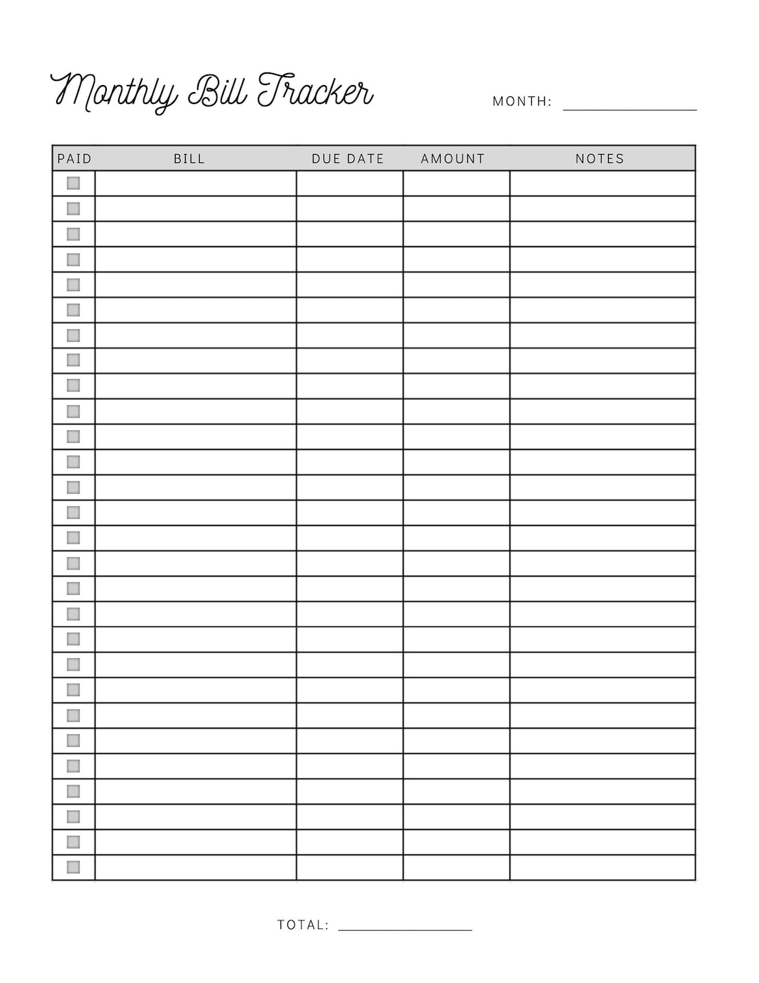 Monatliche Rechnung Zahlung Tracker Printable | Bill Pay in Printable Bill Tracker