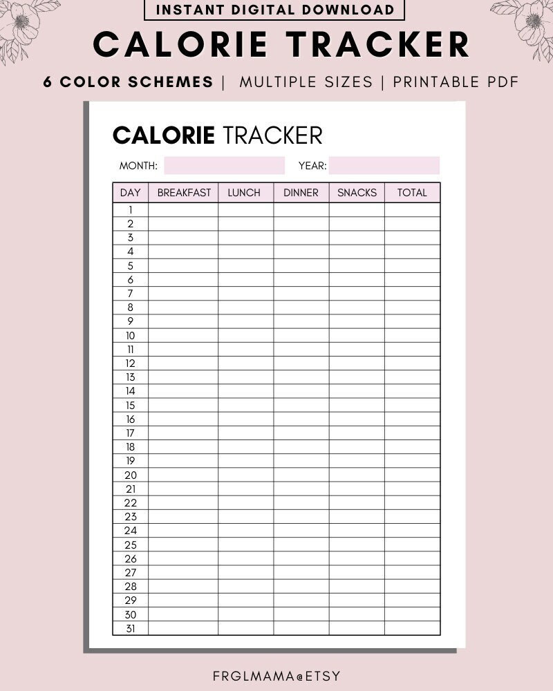 Monthly Calorie Tracker Printable: A4 A5 &amp;amp; Us Letter (Pdf Download throughout Daily Calorie Tracker Printable