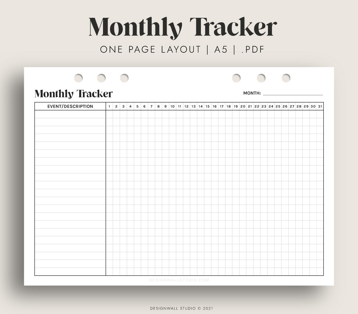 Monthly Habit Tracker Printable Insert In A5 Size | One Page Layout for A5 Habit Tracker Printable