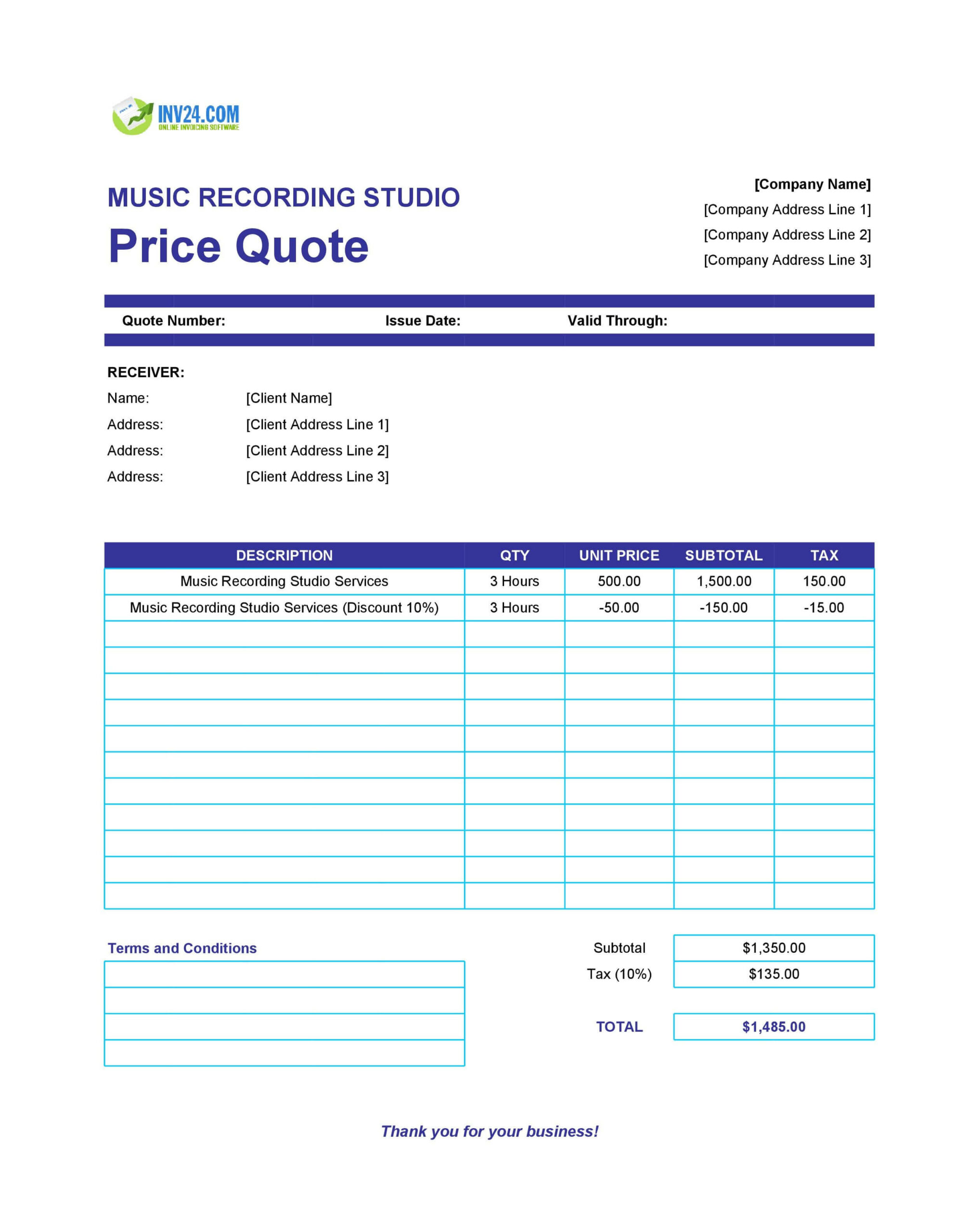 Music Recording Studio Quote Template (Excel / Google Sheets) throughout Printable Recording Studio Track Sheet