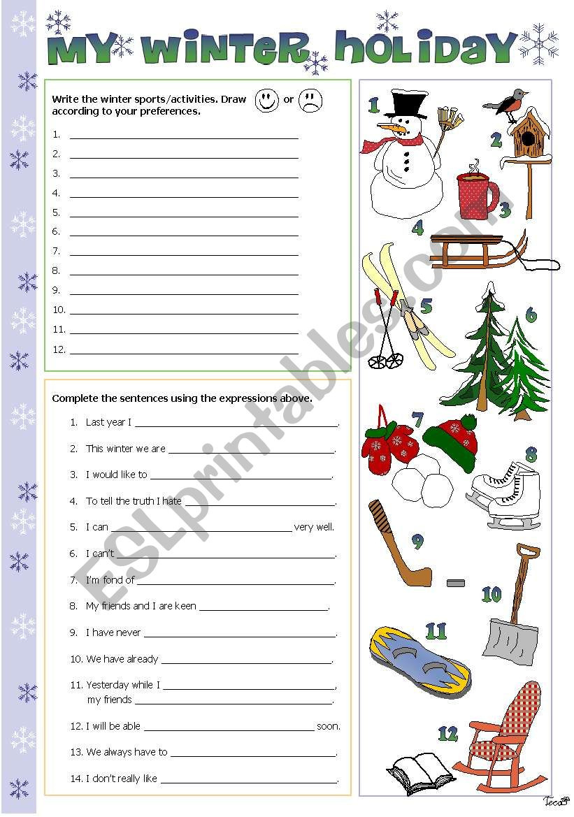 My Winter Holiday - Esl Worksheettecus in Printable Winter Holiday Worksheet