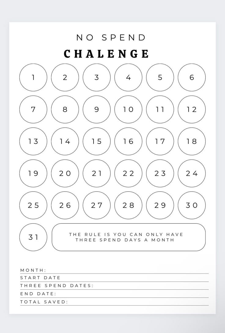 No Spend Month Challenge,Spending, No Spend Tracker, Savings within No Spend Tracker Printable