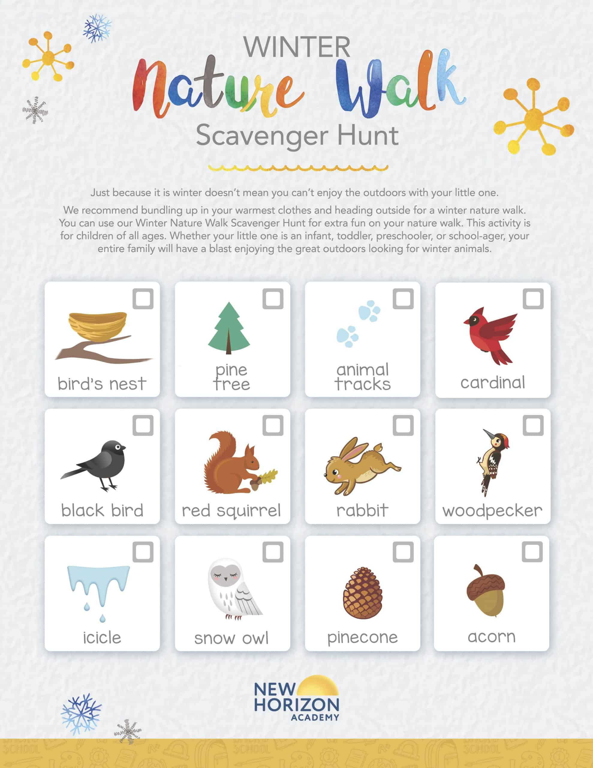 Outdoor Winter Scavenger Hunt Activity For Kids - New Horizon Academy in Winter Outdoor Scavenger Hunt Printable