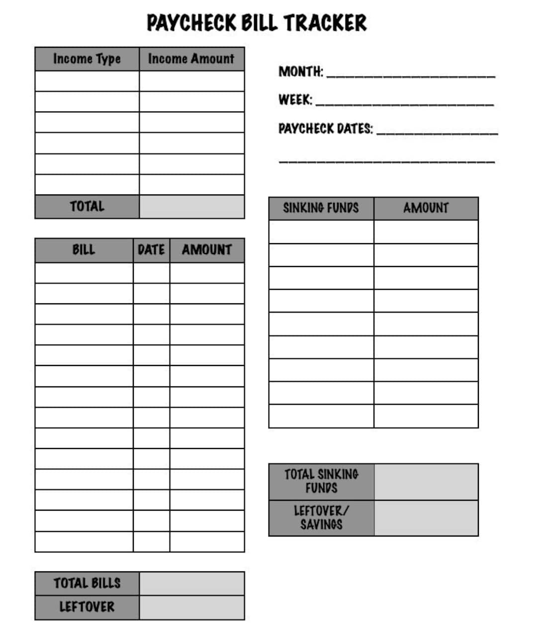 Paycheck Bill Tracker - Digital Download - Etsy inside Paycheck Bill Tracker Printable Free