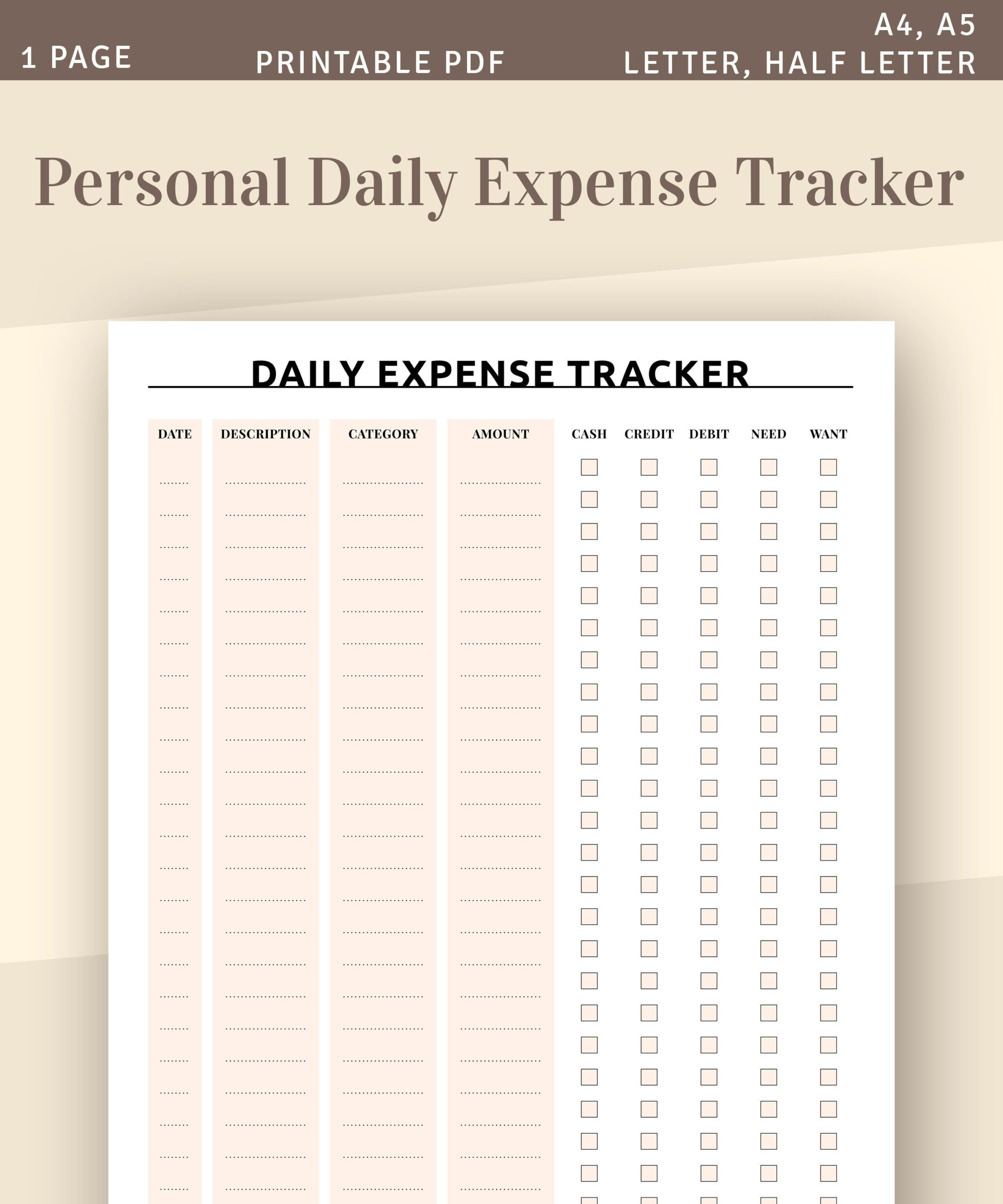 Personal Daily Expense Tracker, Budget Planer Vorlage, Sofortiger throughout Daily Expense Tracker Printable