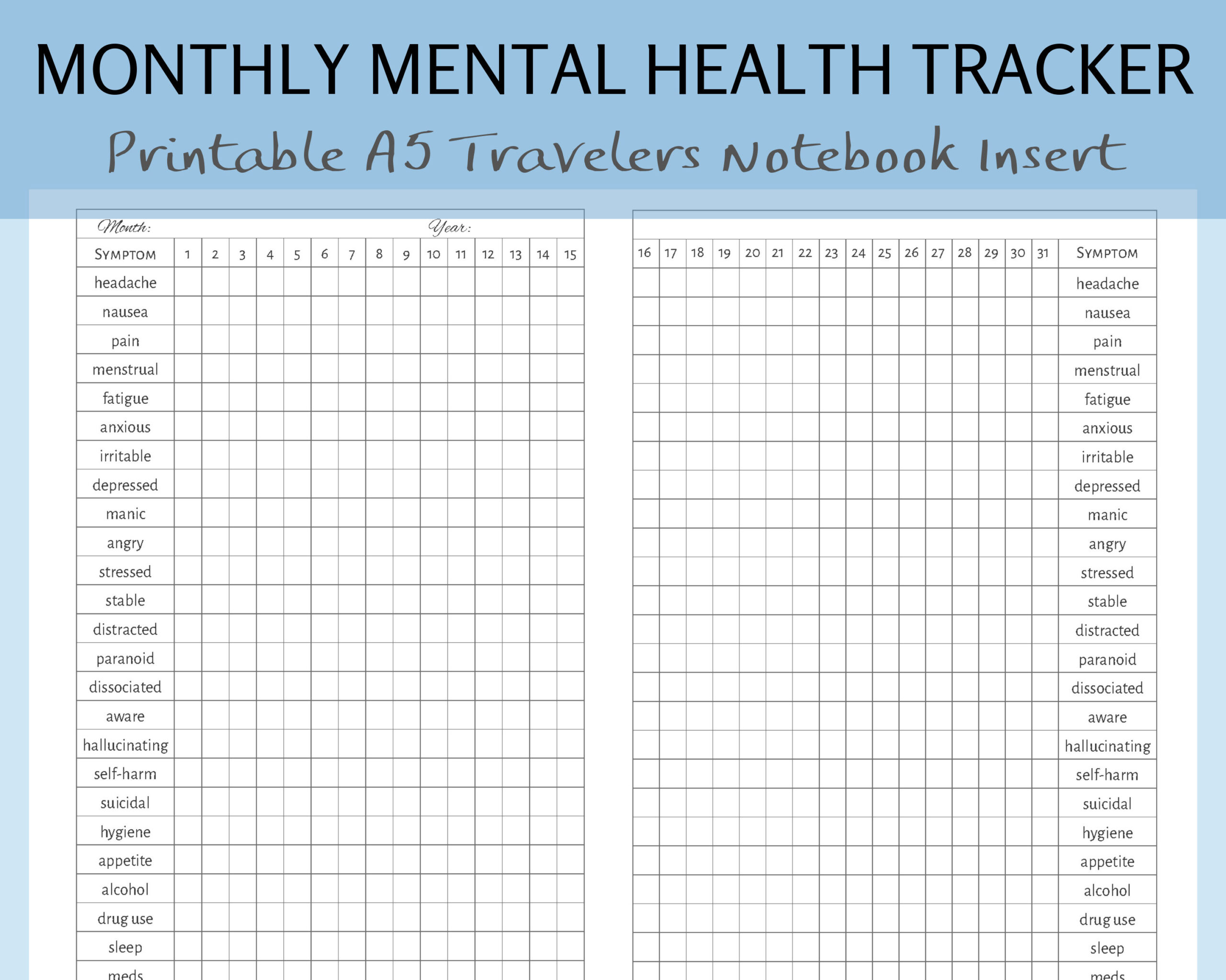Printable A5 Booklet Monthly Symptom Mood Medication Anxiety pertaining to Mental Health Symptom Tracker Printable
