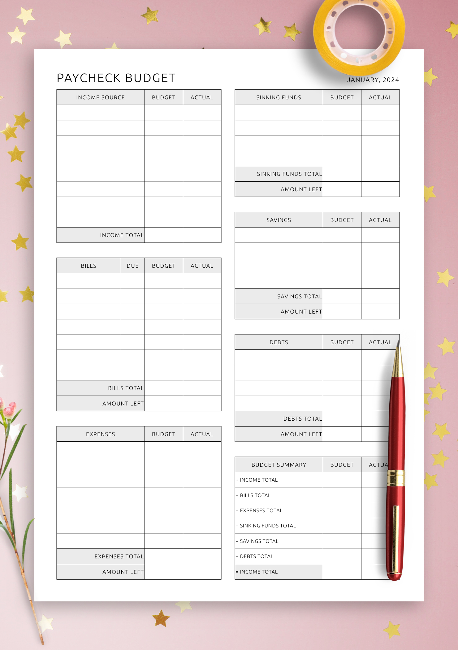 Printable And Digital Paycheck Budget Template - Download Pdf For regarding Paycheck Bill Tracker Printable Free